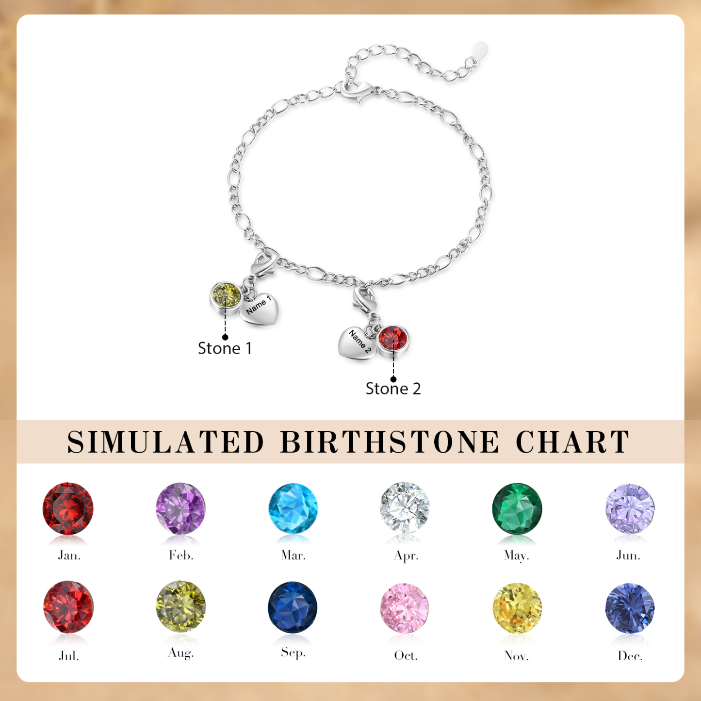 2 Birthstones & Names - Personalized Birthstone Beautiful Bracelet Gift for Her | Jessemade