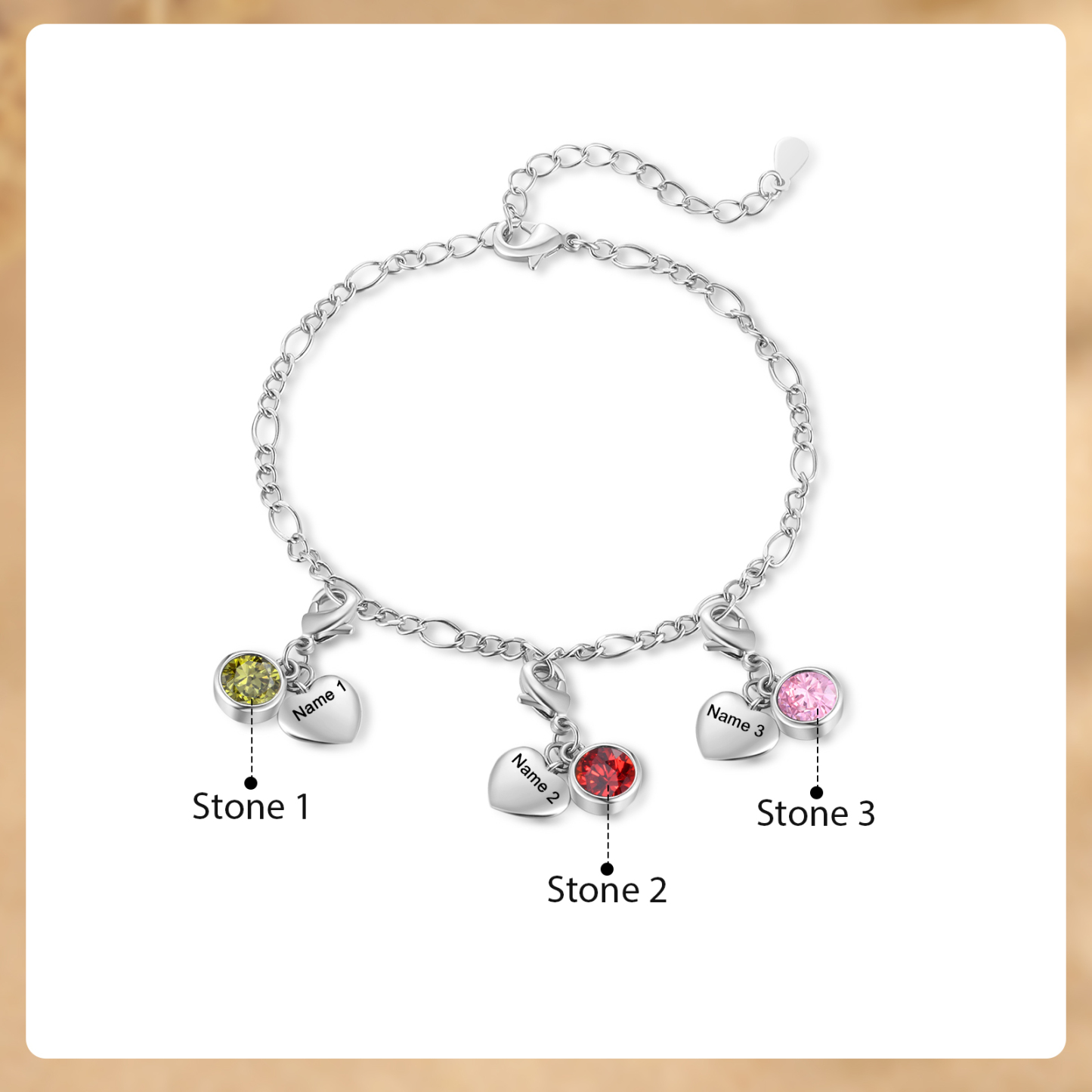 3 Birthstones & Names - Personalized Birthstone Beautiful Bracelet Gift for Her | Jessemade