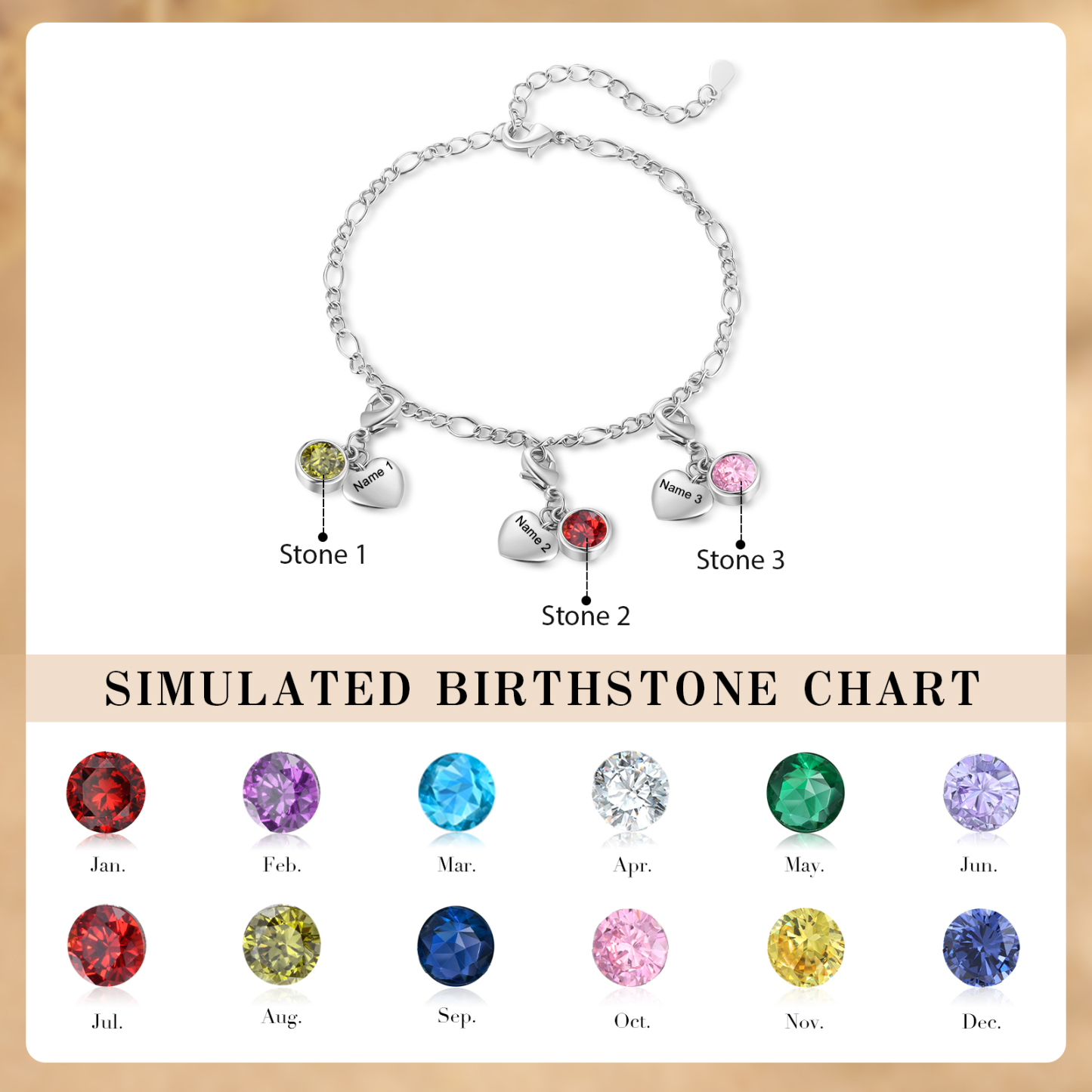 3 Birthstones & Names - Personalized Birthstone Beautiful Bracelet Gift for Her | Jessemade