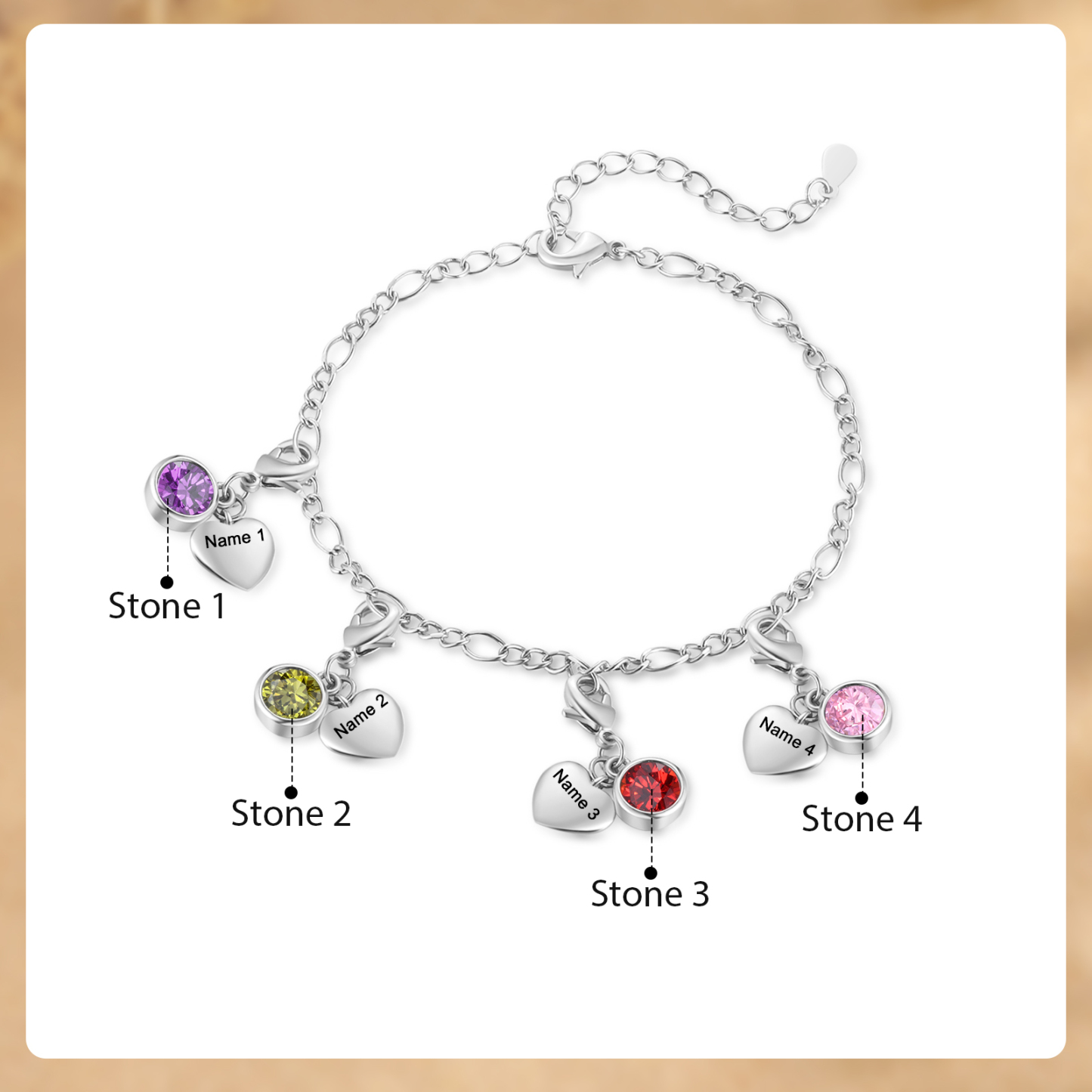 4 Birthstones & Names - Personalized Birthstone Beautiful Bracelet Gift for Her | Jessemade