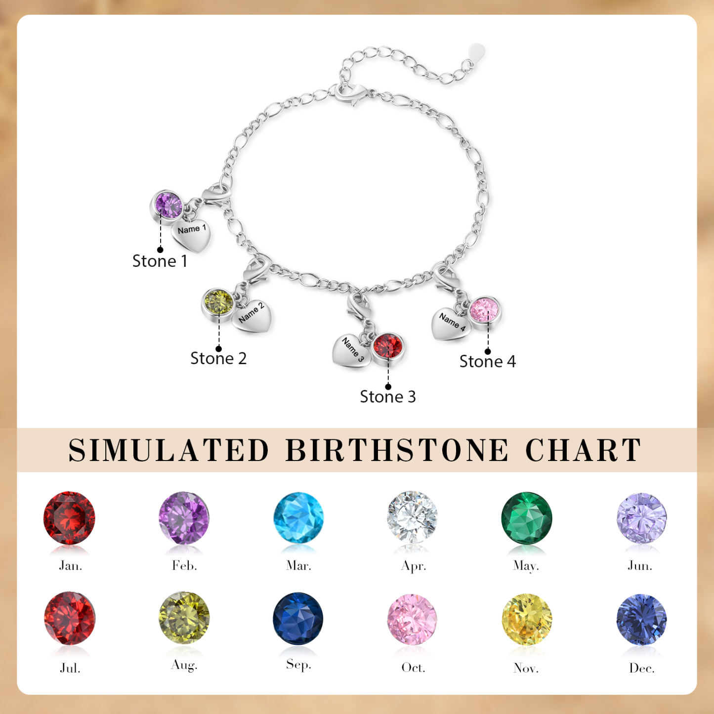 4 Birthstones & Names - Personalized Birthstone Beautiful Bracelet Gift for Her | Jessemade