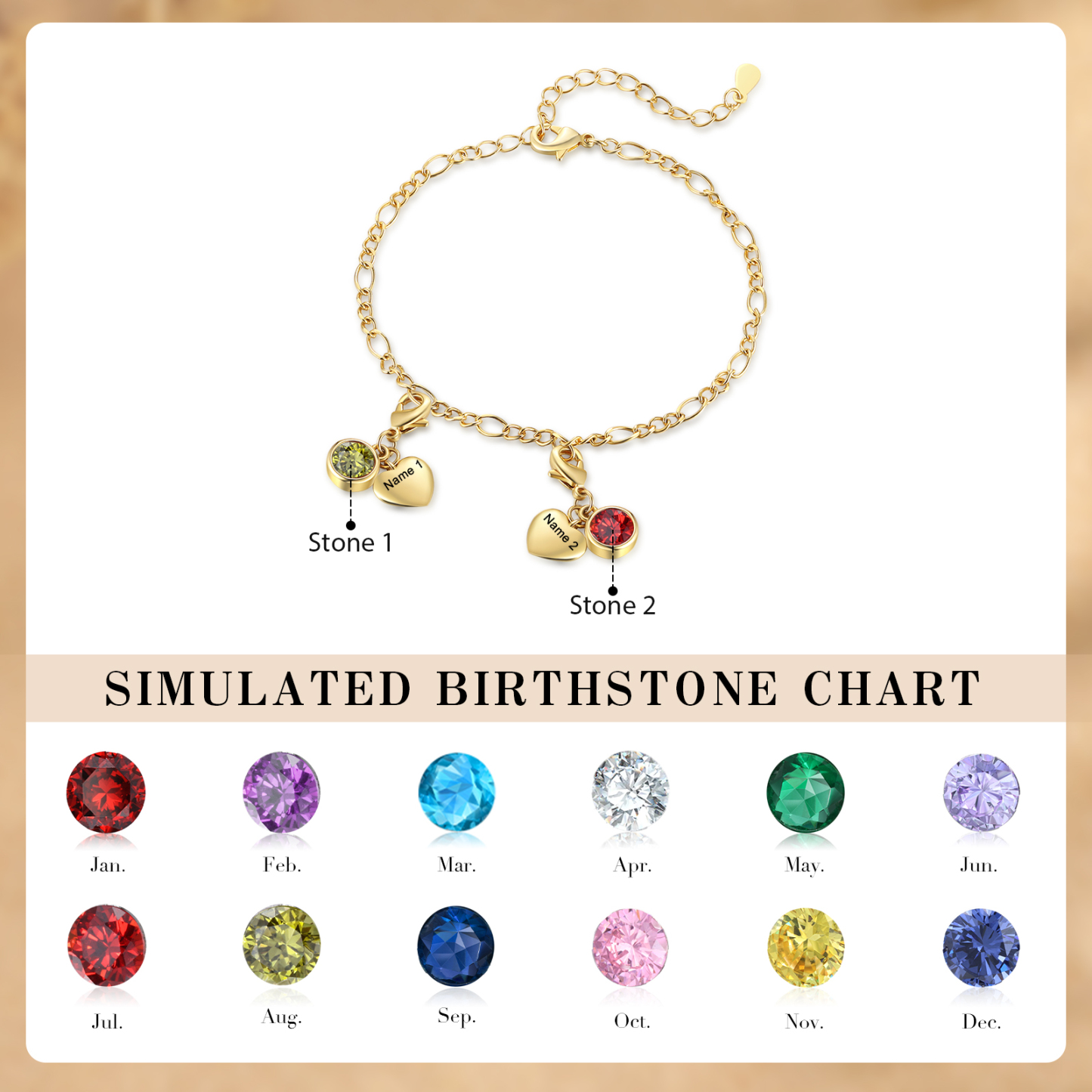 2 Birthstones & Names - Personalized Birthstone Beautiful Bracelet Gift for Her | Jessemade