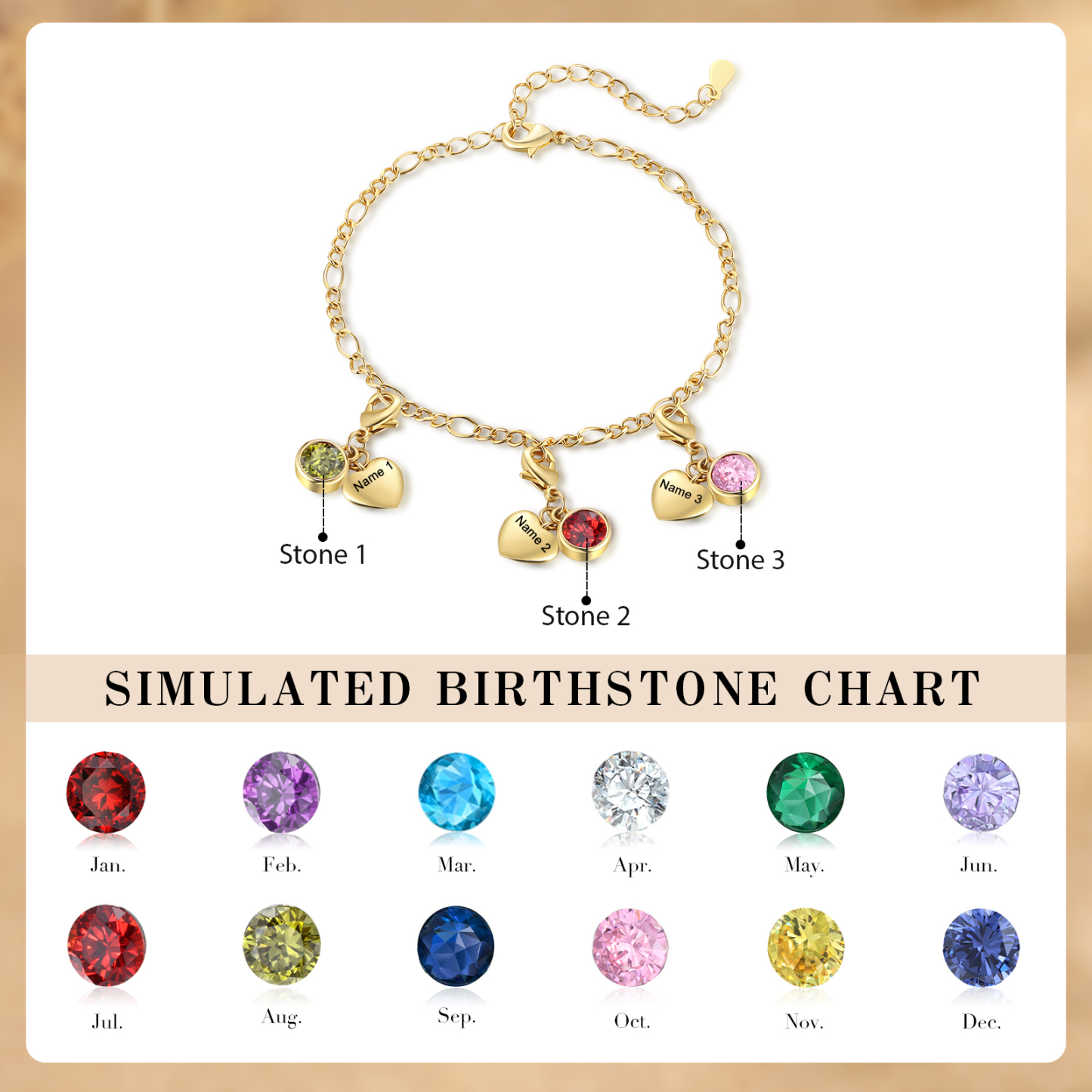 3 Birthstones & Names - Personalized Birthstone Beautiful Bracelet Gift for Her | Jessemade