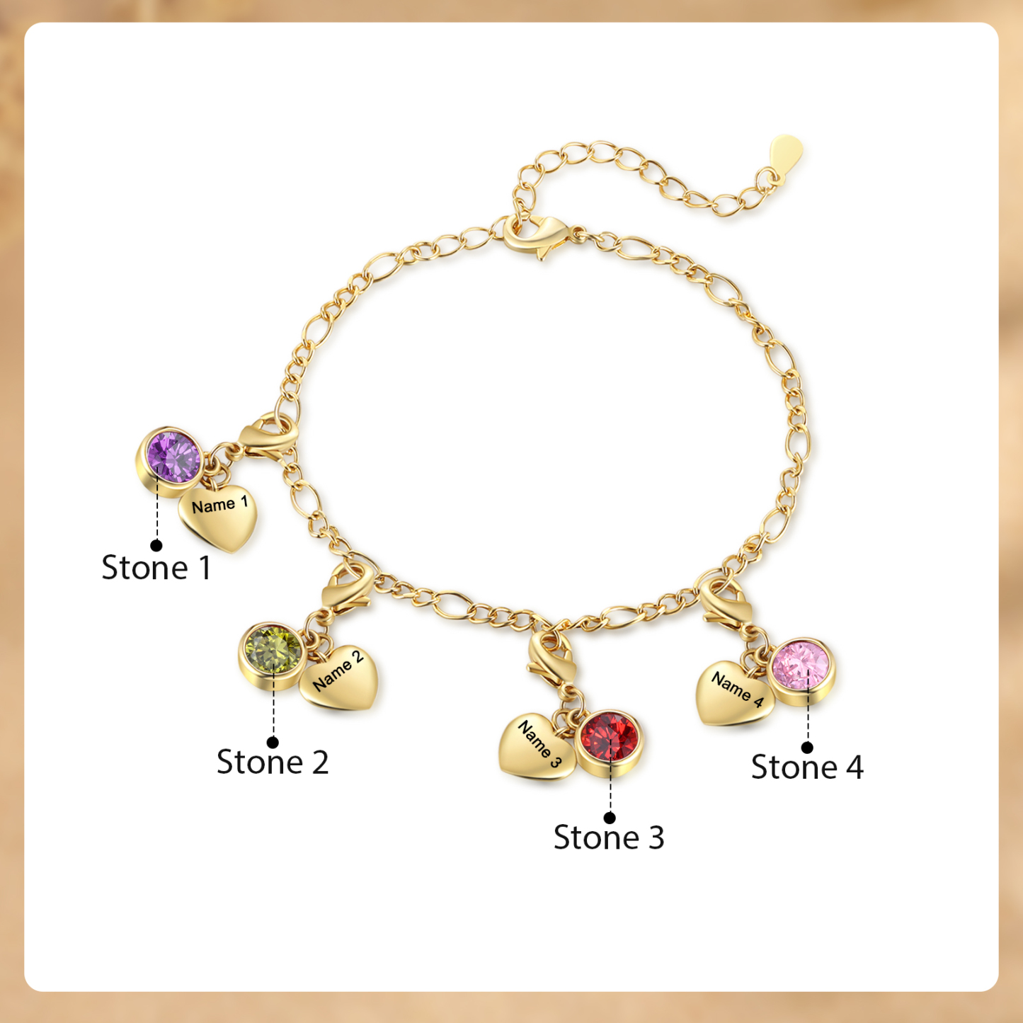 4 Birthstones & Names - Personalized Birthstone Beautiful Bracelet Gift for Her | Jessemade