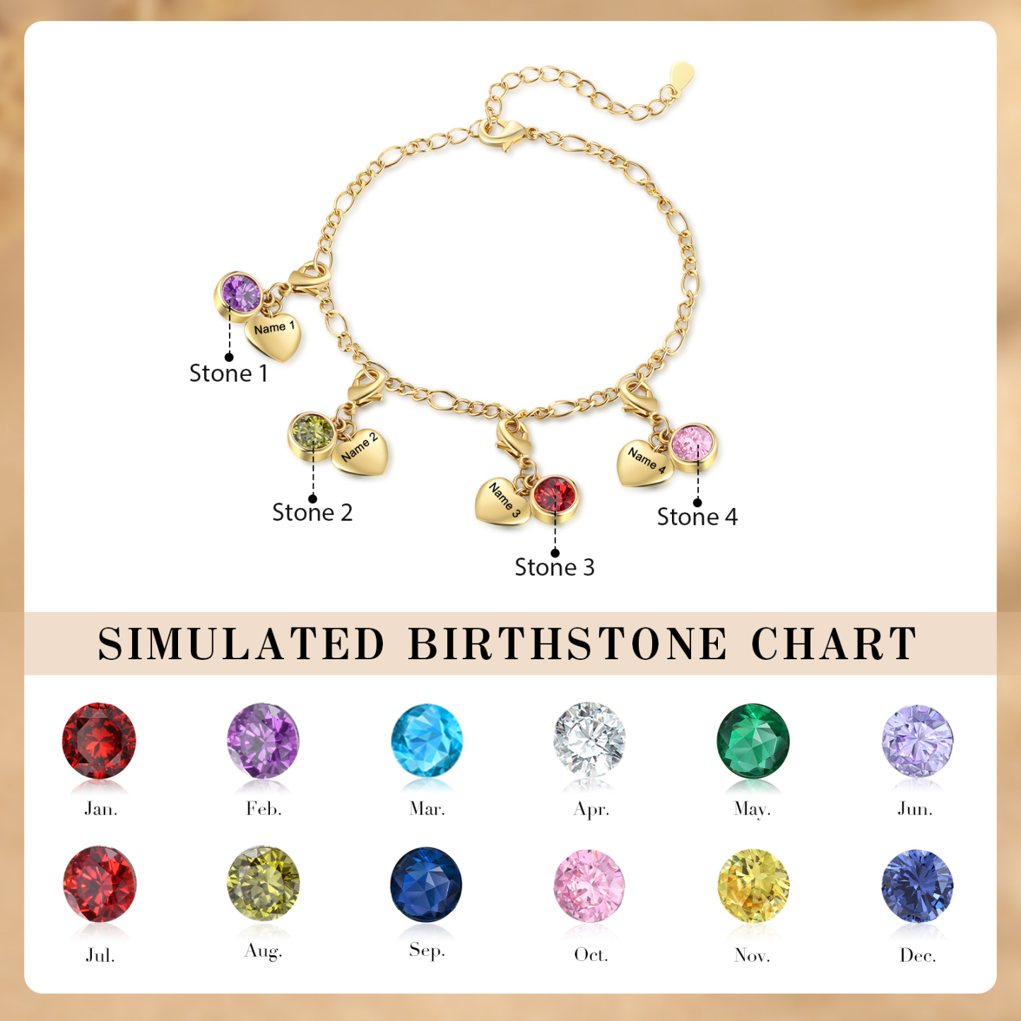 4 Birthstones & Names - Personalized Birthstone Beautiful Bracelet Gift for Her | Jessemade