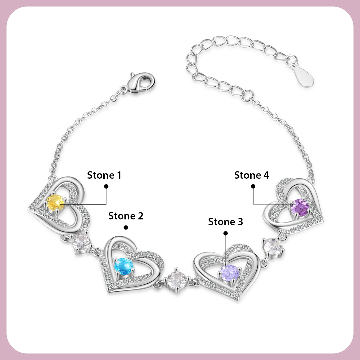 4 Birthstones - Elegant Personalized Jewelry Gift for Mother’s Day - Custom Women’s Heart Bracelet with Birthstones