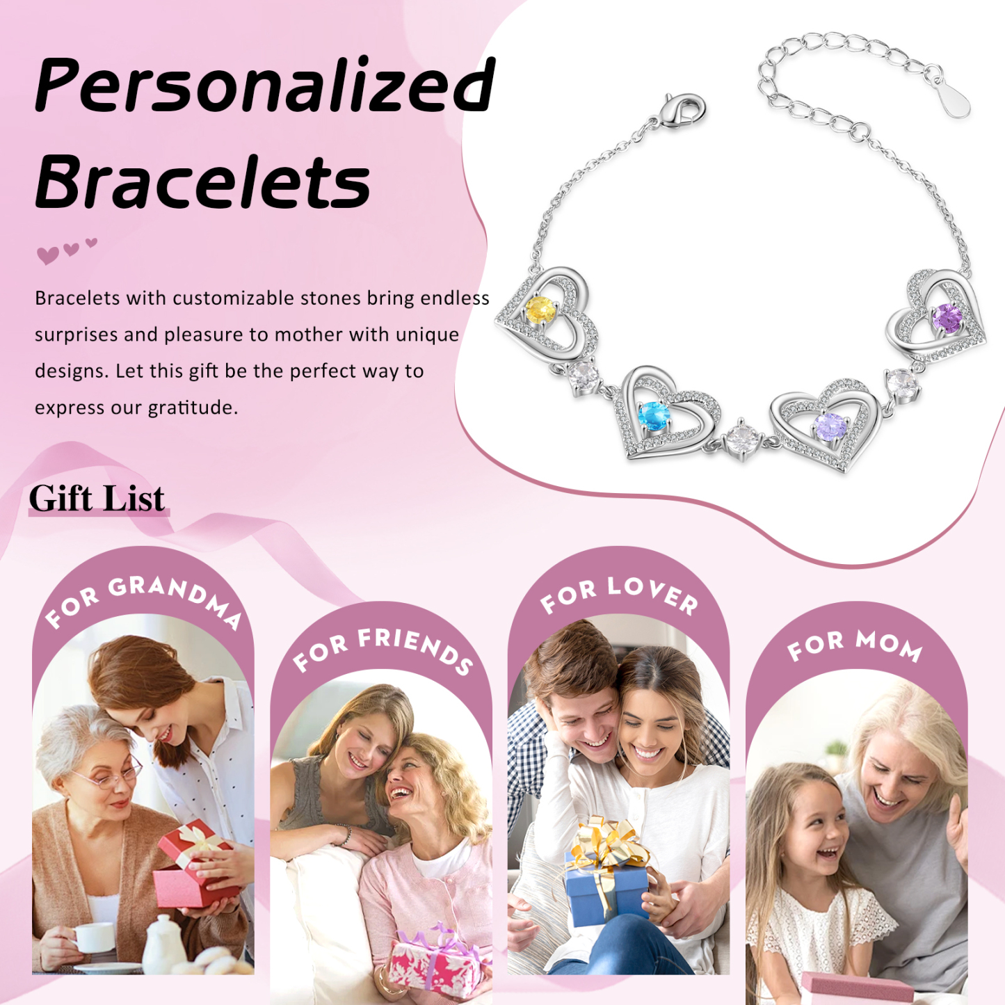 4 Birthstones - Elegant Personalized Jewelry Gift for Mother’s Day - Custom Women’s Heart Bracelet with Birthstones