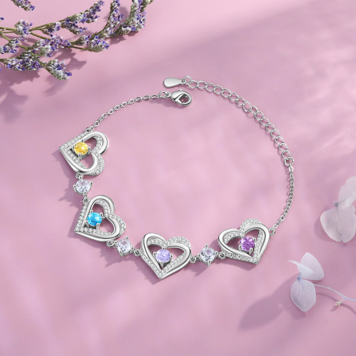 4 Birthstones - Elegant Personalized Jewelry Gift for Mother’s Day - Custom Women’s Heart Bracelet with Birthstones