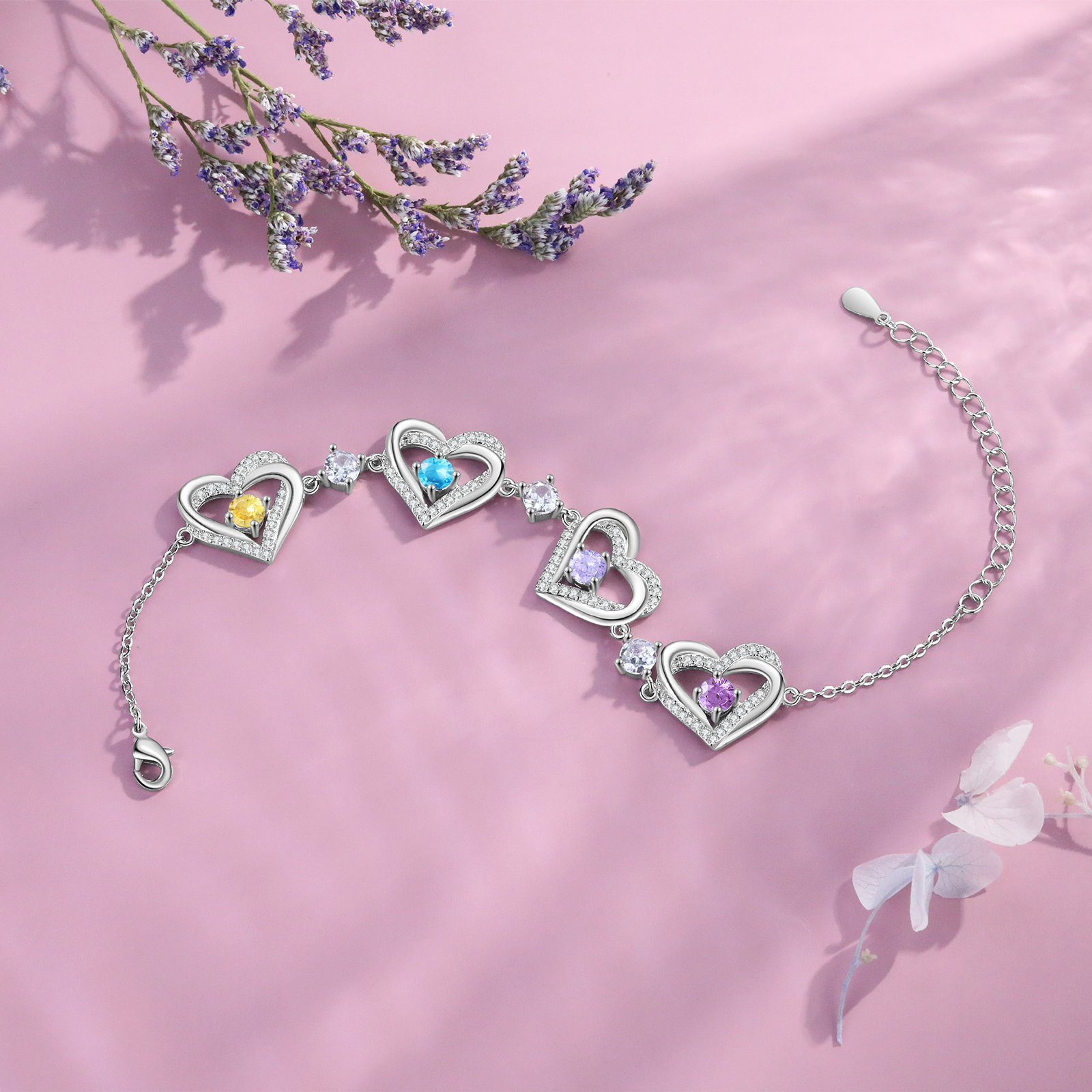 4 Birthstones - Elegant Personalized Jewelry Gift for Mother’s Day - Custom Women’s Heart Bracelet with Birthstones 