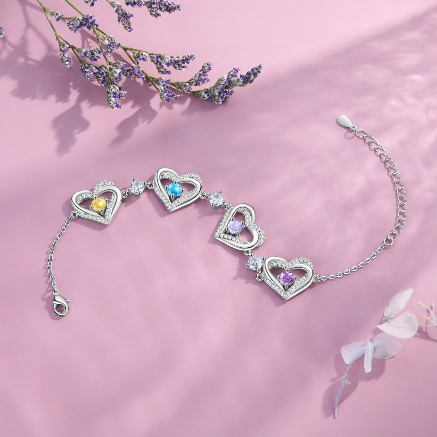 4 Birthstones - Elegant Personalized Jewelry Gift for Mother’s Day - Custom Women’s Heart Bracelet with Birthstones