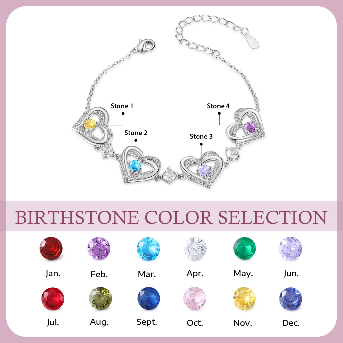 4 Birthstones - Elegant Personalized Jewelry Gift for Mother’s Day - Custom Women’s Heart Bracelet with Birthstones