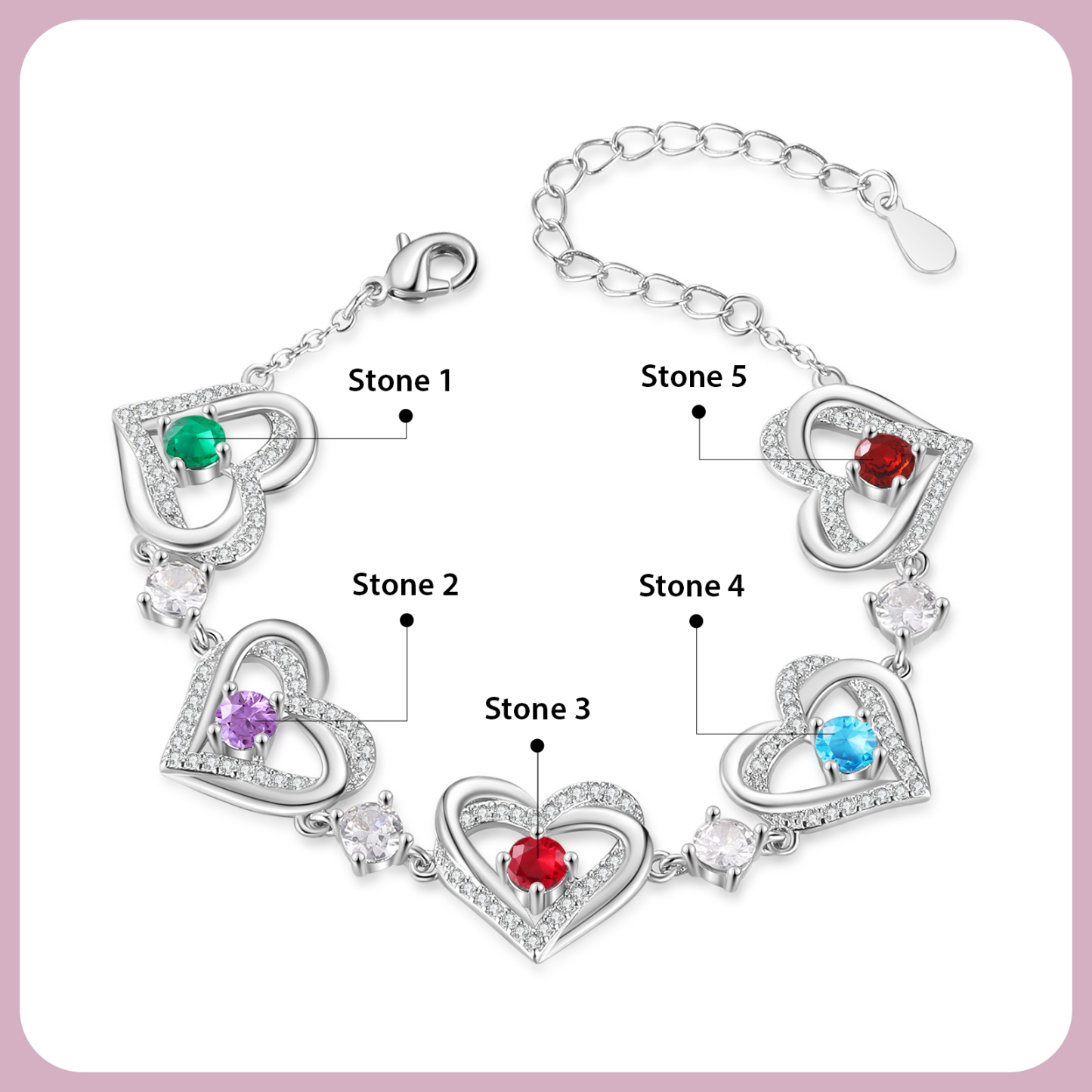 5 Birthstones - Elegant Personalized Jewelry Gift for Mother’s Day - Custom Women’s Heart Bracelet with Birthstones