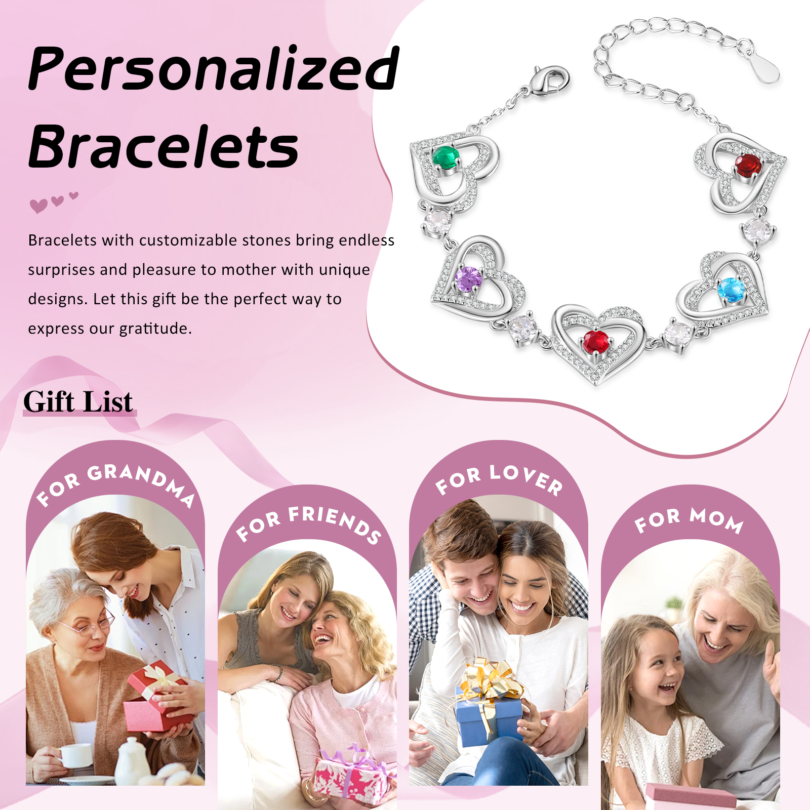 5 Birthstones - Elegant Personalized Jewelry Gift for Mother’s Day - Custom Women’s Heart Bracelet with Birthstones 