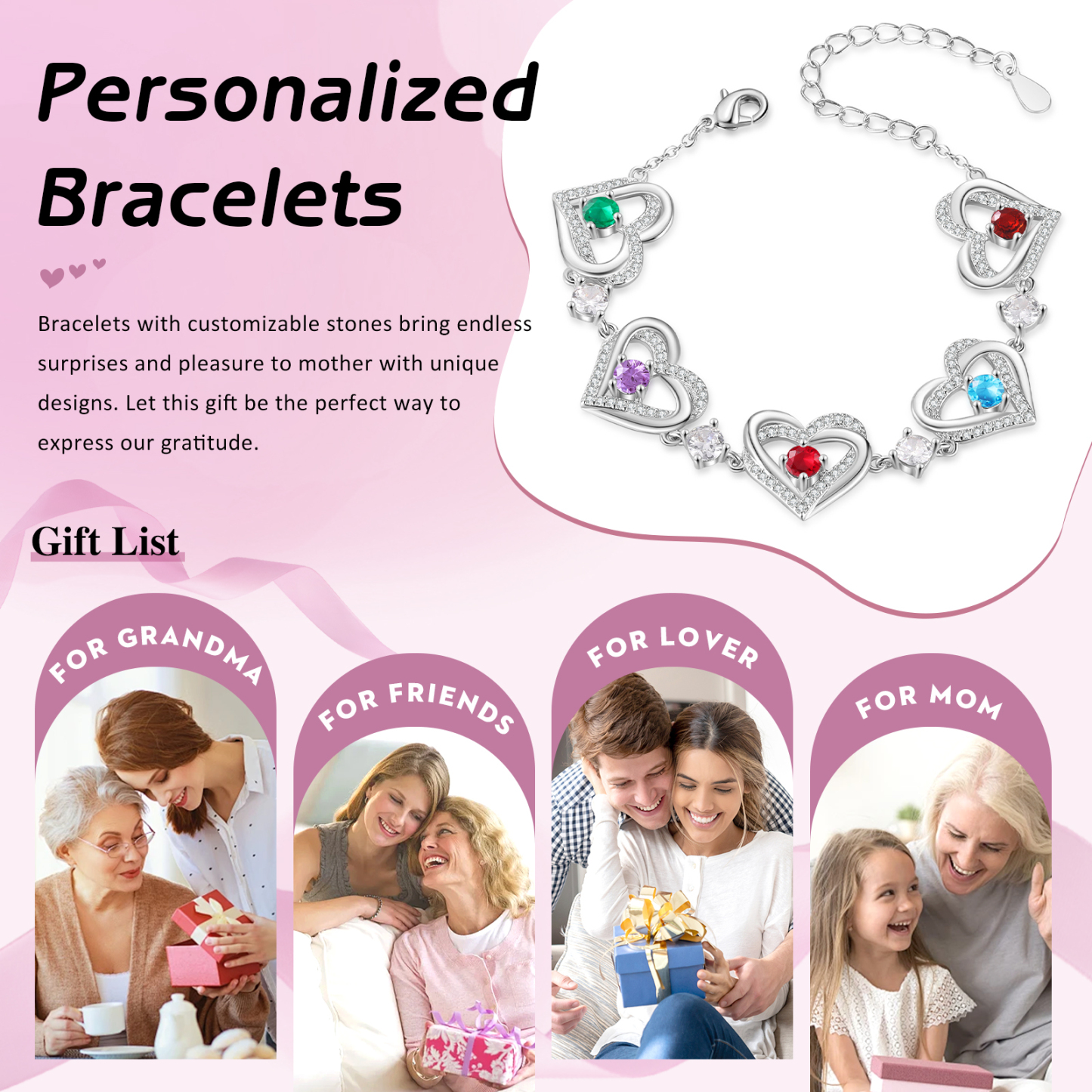 5 Birthstones - Elegant Personalized Jewelry Gift for Mother’s Day - Custom Women’s Heart Bracelet with Birthstones 
