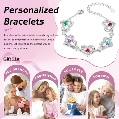 5 Birthstones - Elegant Personalized Jewelry Gift for Mother’s Day - Custom Women’s Heart Bracelet with Birthstones 