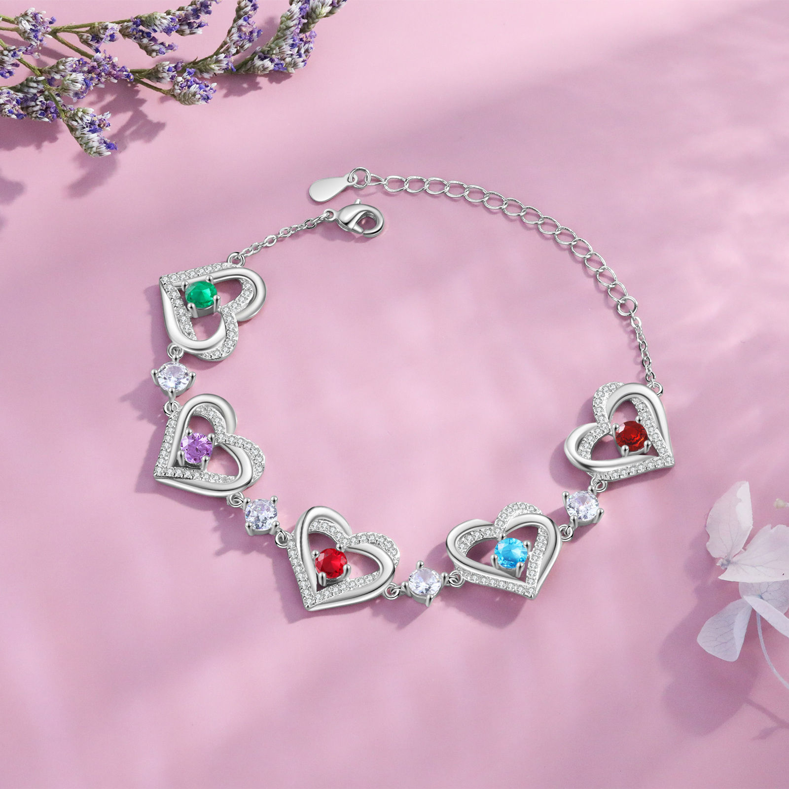 5 Birthstones - Elegant Personalized Jewelry Gift for Mother’s Day - Custom Women’s Heart Bracelet with Birthstones 