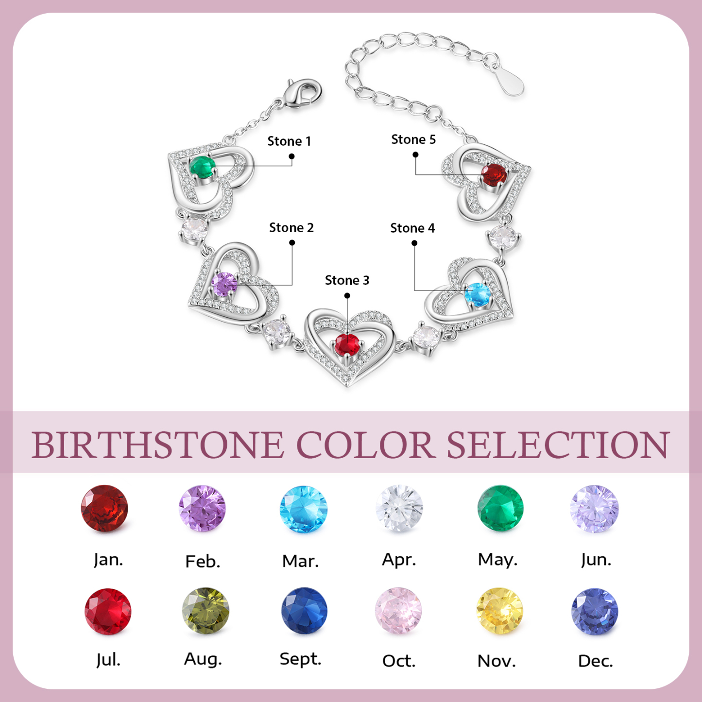 5 Birthstones - Elegant Personalized Jewelry Gift for Mother’s Day - Custom Women’s Heart Bracelet with Birthstones