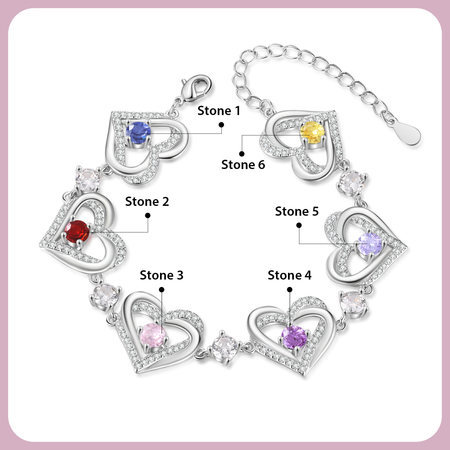 6 Birthstones - Elegant Personalized Jewelry Gift for Mother’s Day - Custom Women’s Heart Bracelet with Birthstones 