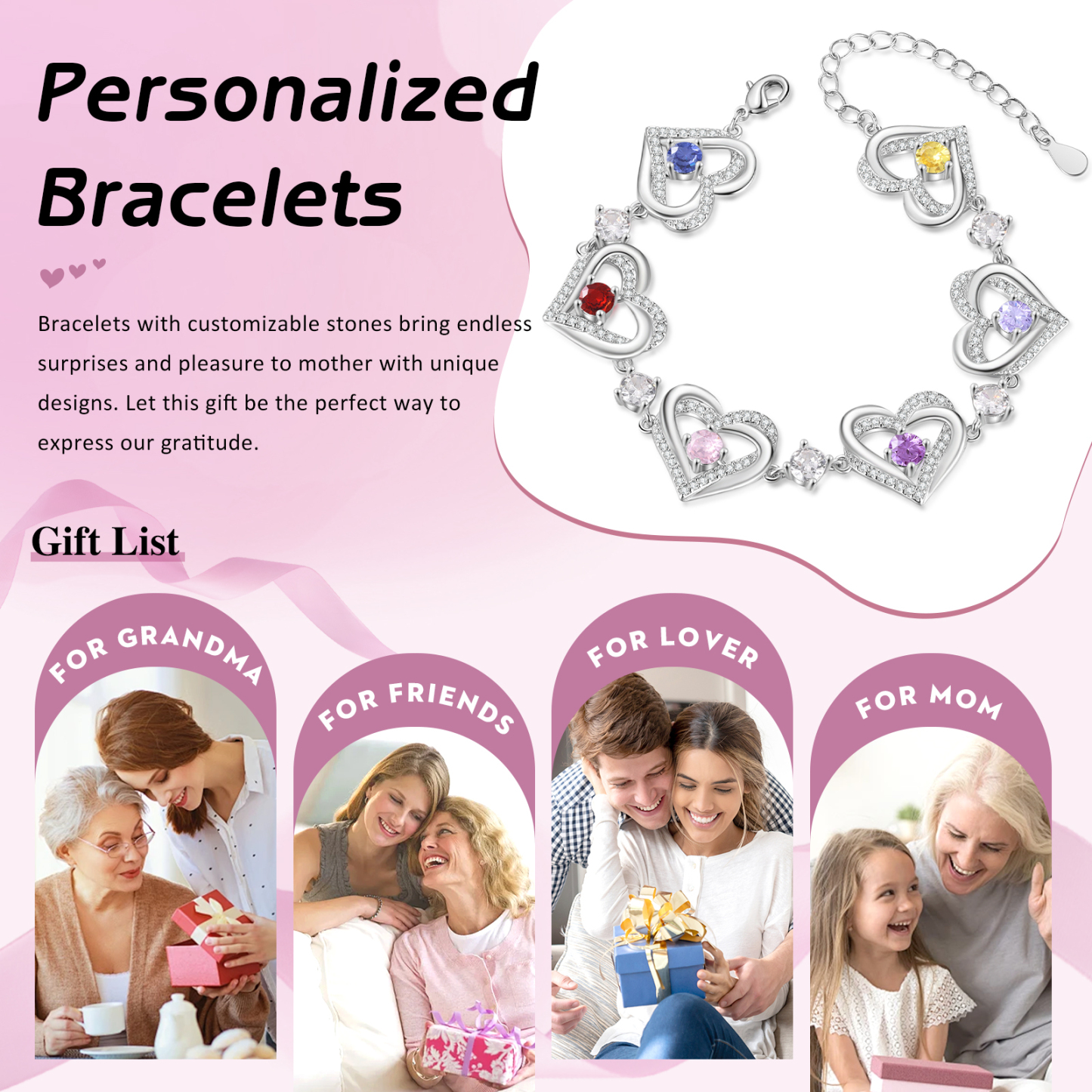 6 Birthstones - Elegant Personalized Jewelry Gift for Mother’s Day - Custom Women’s Heart Bracelet with Birthstones