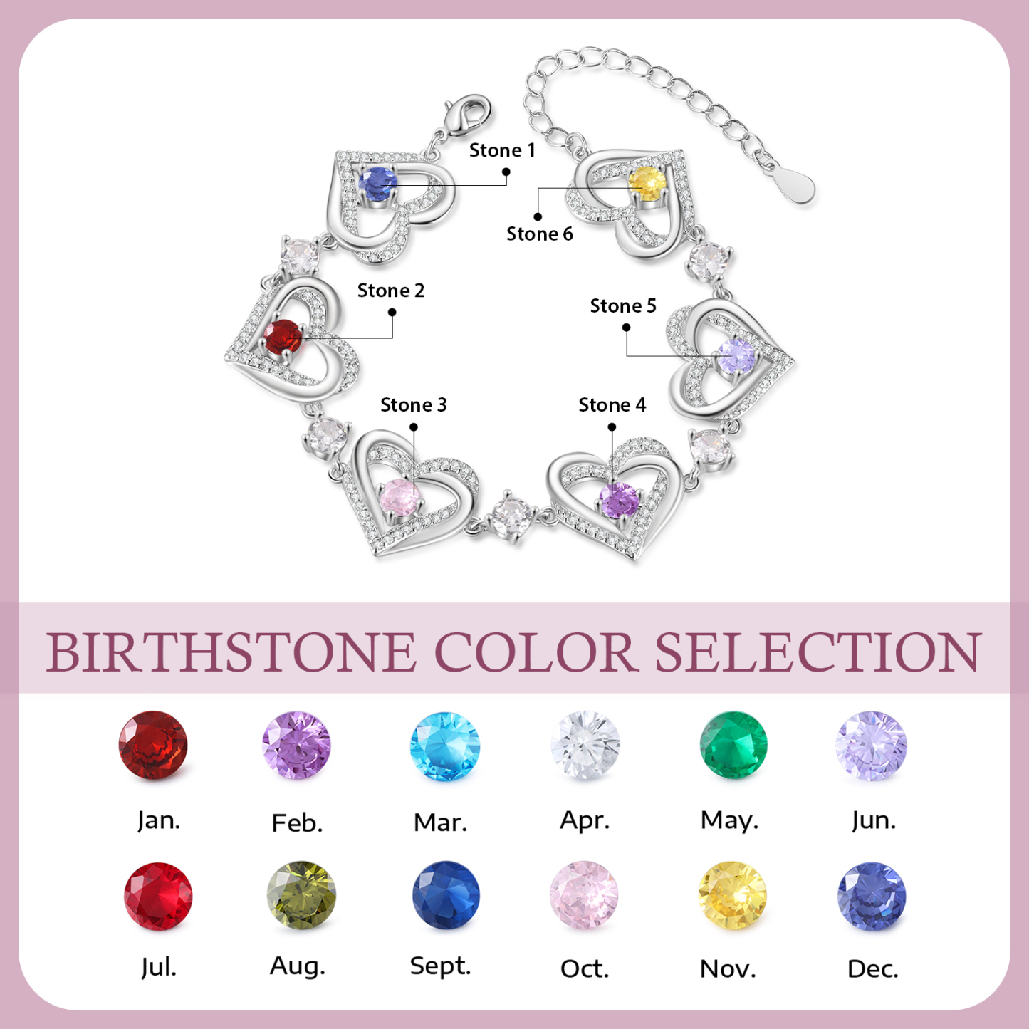 6 Birthstones - Elegant Personalized Jewelry Gift for Mother’s Day - Custom Women’s Heart Bracelet with Birthstones