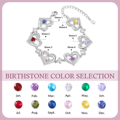 6 Birthstones - Elegant Personalized Jewelry Gift for Mother’s Day - Custom Women’s Heart Bracelet with Birthstones 