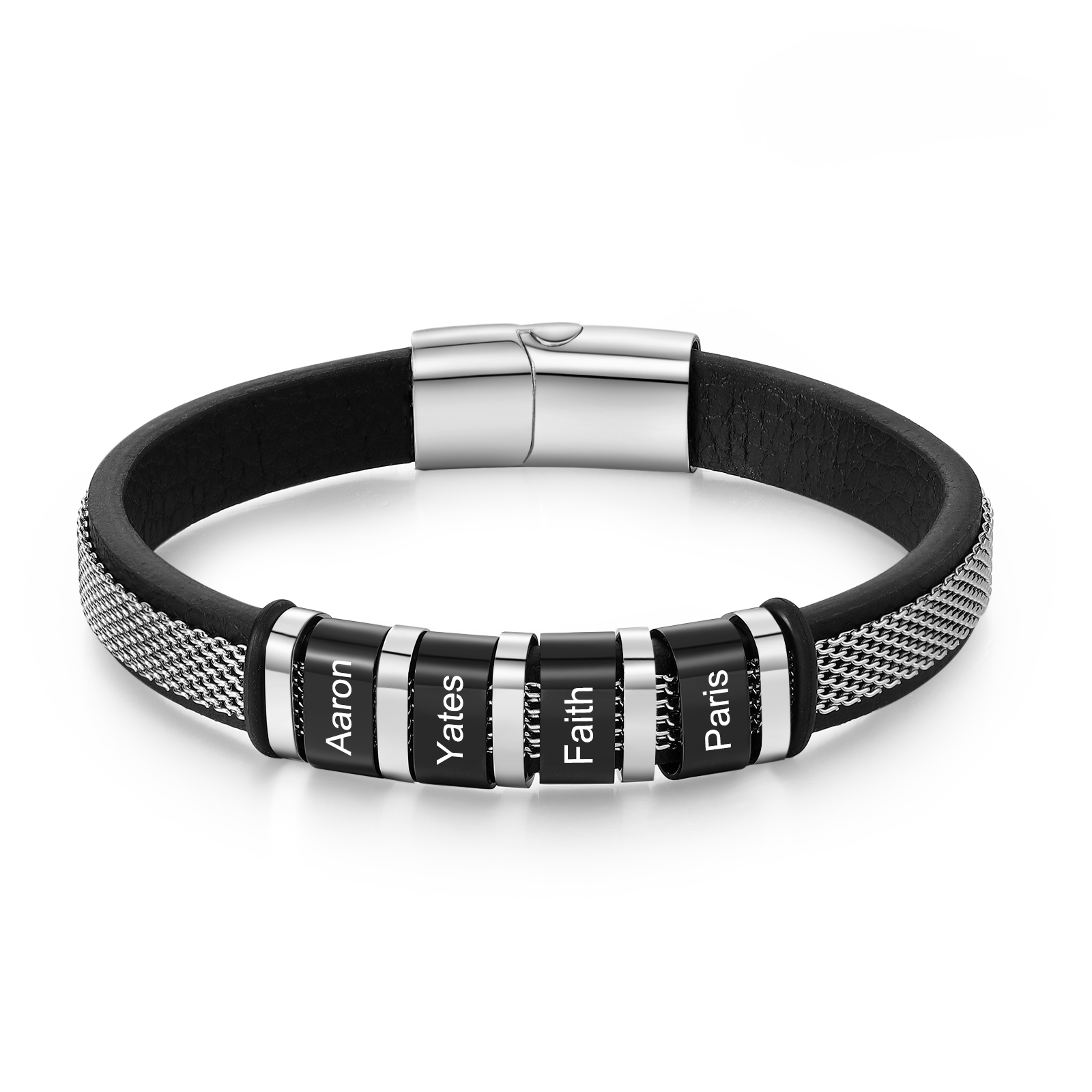 4 names - Father’s Day Bracelet with Custom Names – Stainless Steel & Leather Design