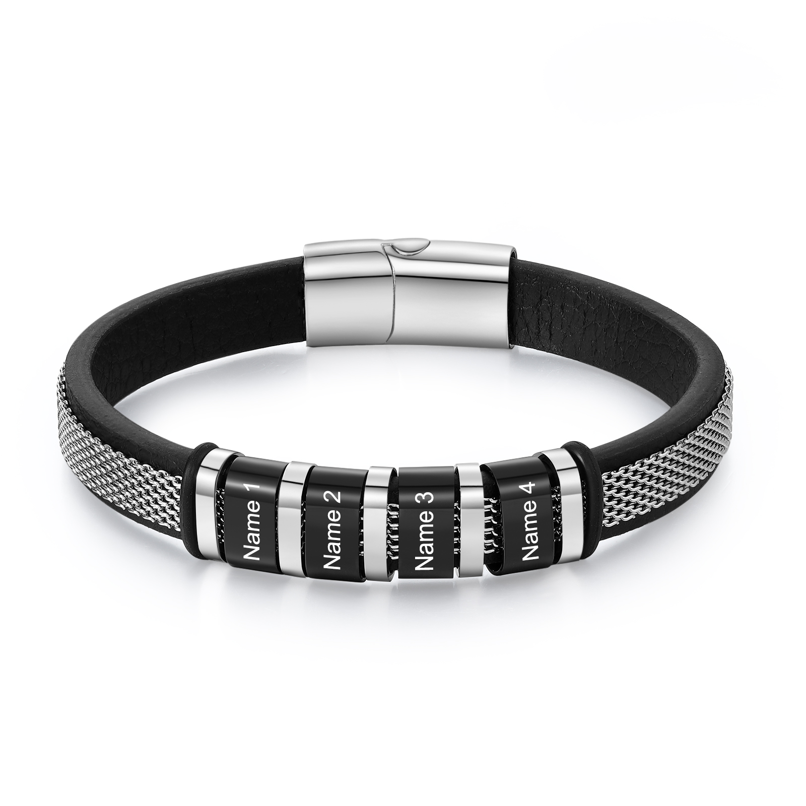 4 names - Father’s Day Bracelet with Custom Names – Stainless Steel & Leather Design
