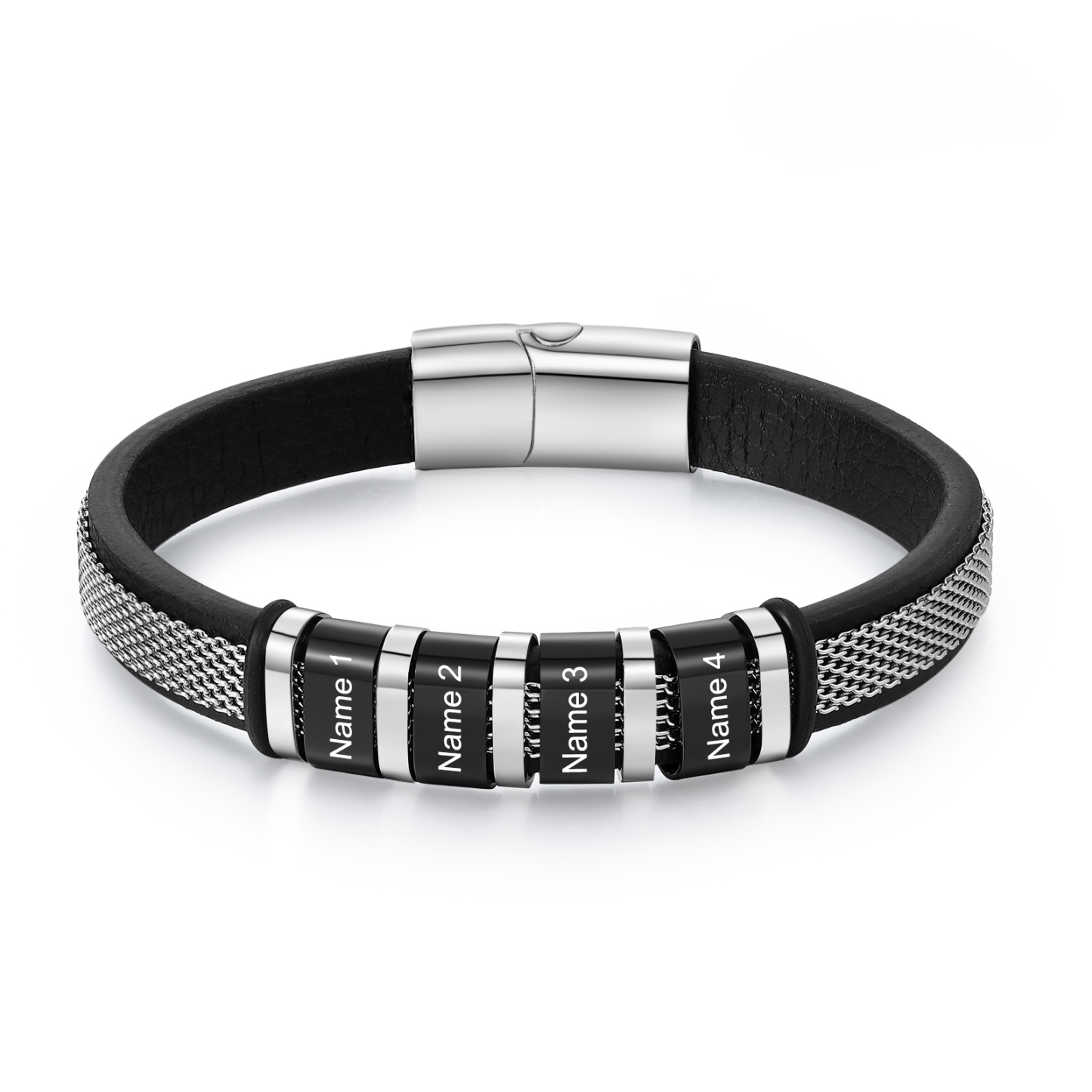 4 names - Father’s Day Bracelet with Custom Names – Stainless Steel & Leather Design