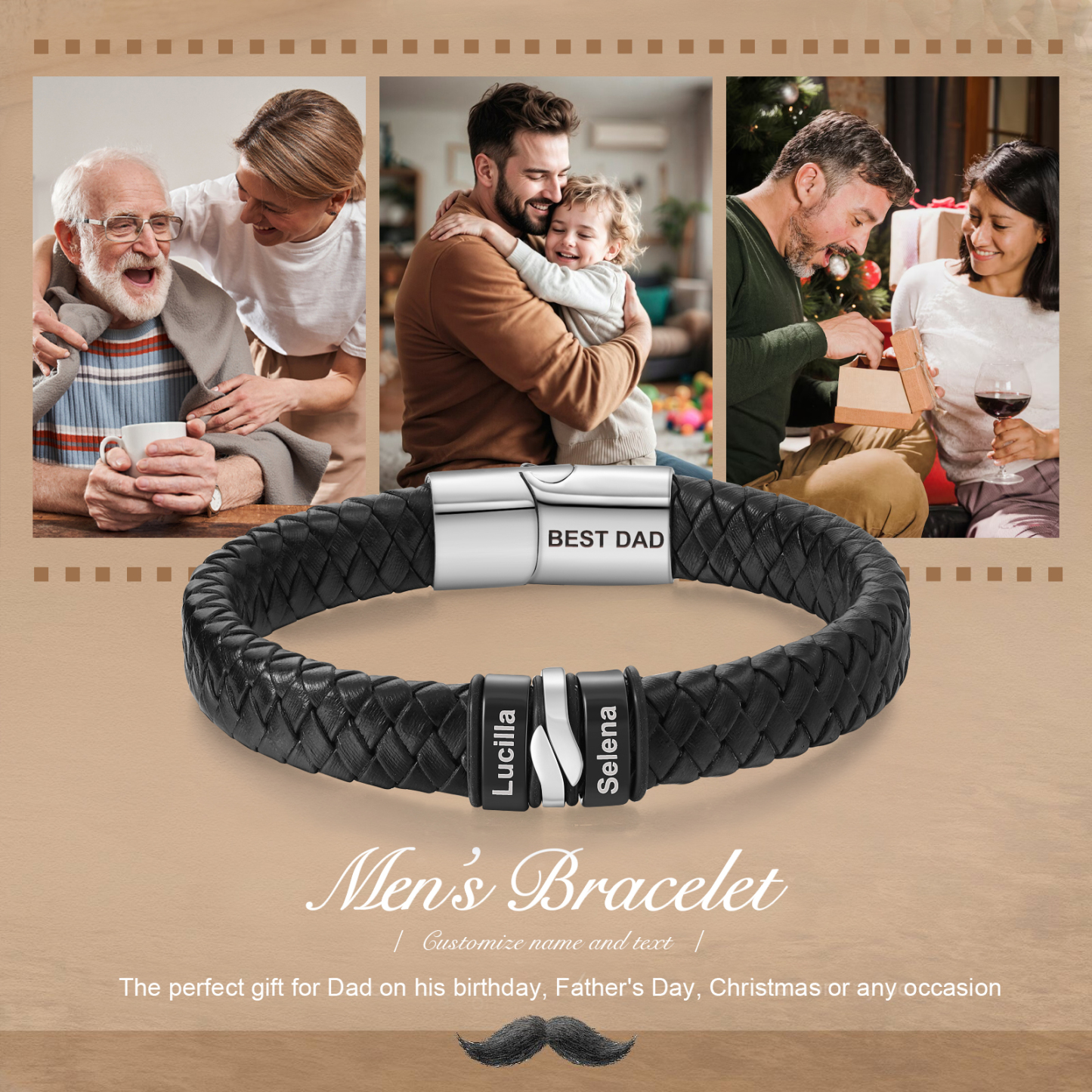 2 names - Personalized Stainless Steel Men’s Bracelet, Custom Names for Dad’s Gift