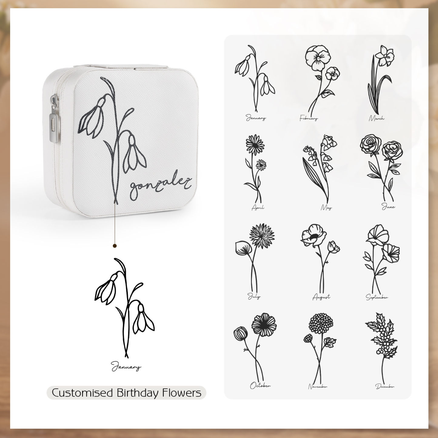 Square Jewelry Storage Box-Personalised 1 Name Customized Birthflower Storage Box In Various Colors