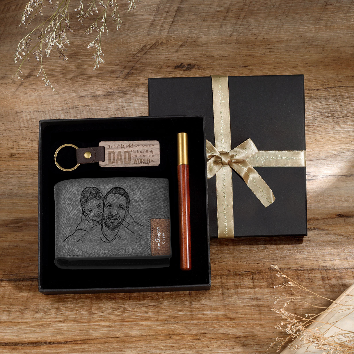 Personalized Leather Wallet Gift Box Set Keychain, Customizable Photo Name Letter Wallet Gift for Dad