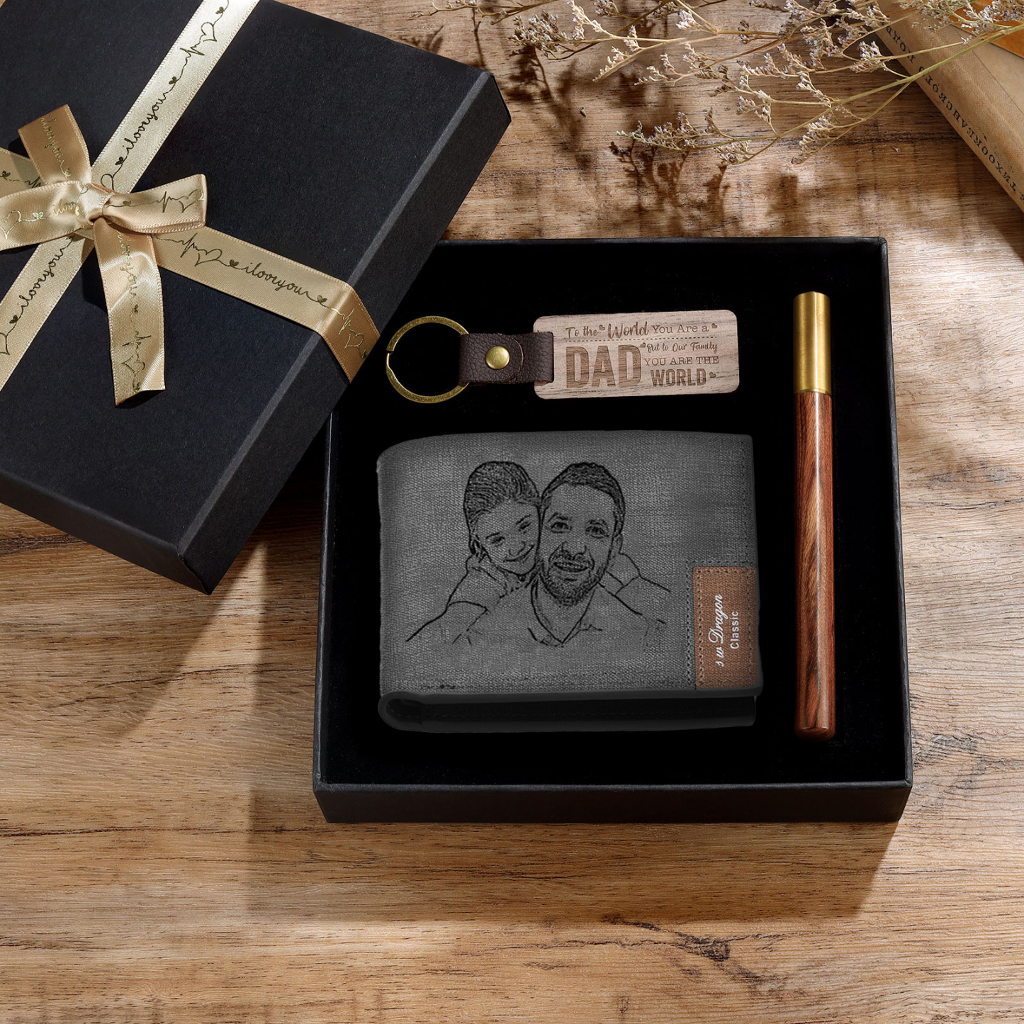Personalized Leather Wallet Gift Box Set Keychain, Customizable Photo