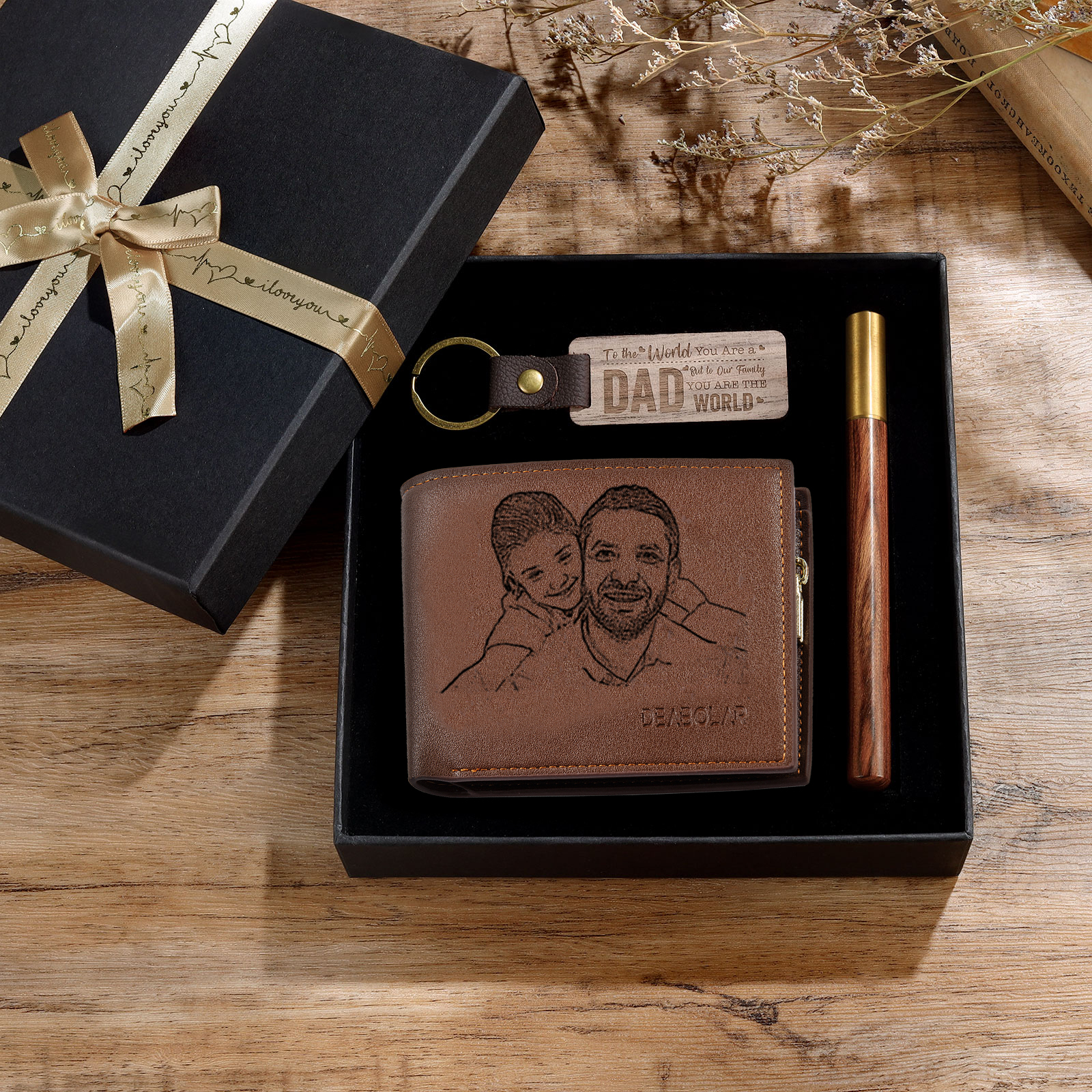 Personalized Leather Wallet Gift Box Set Keychain, Customizable Photo 
