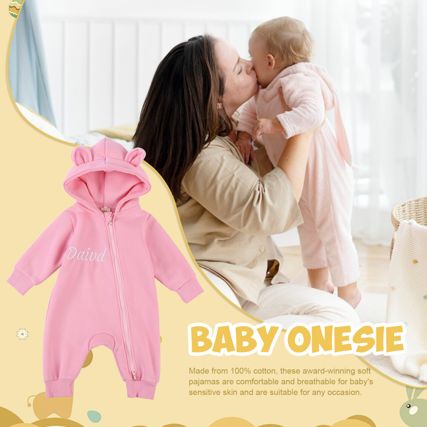 Personalized Baby Onesie – CustomizedCotton Romper with Name-Green/Pink/Beige/Grey Green – Exclusive Baby Gift | Jessemade