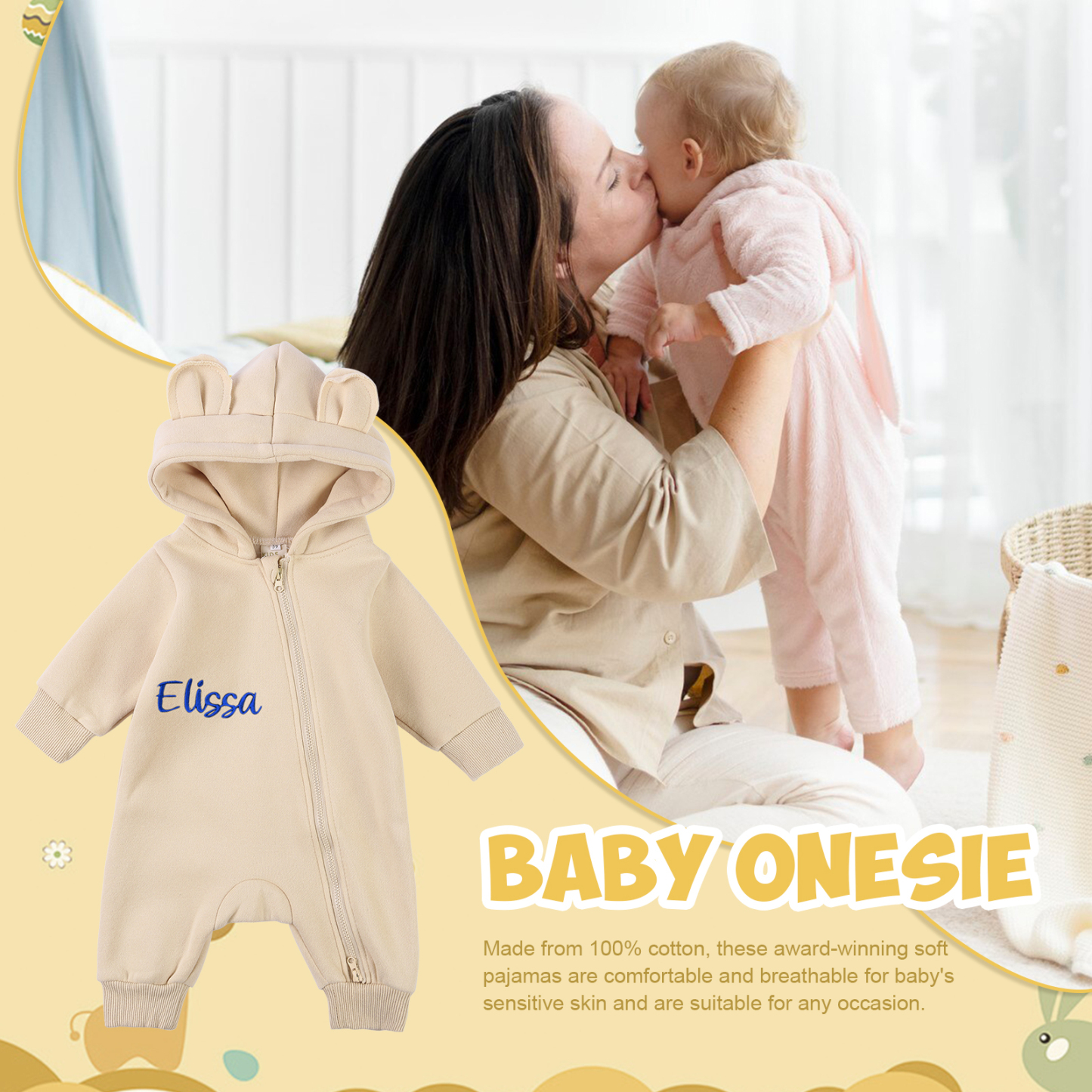 Personalized Baby Onesie – CustomizedCotton Romper with Name-Green/Pink/Beige/Grey Green – Exclusive Baby Gift | Jessemade