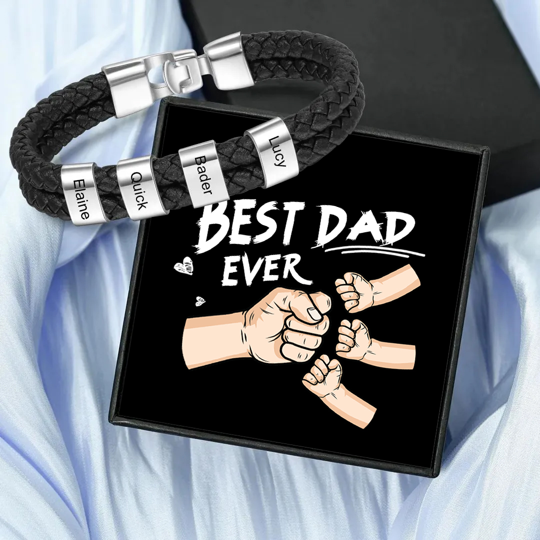 Personalized Father’s Day Gif - 4 Names Braided Leather Men's Bracelet as a Father's Day Gift for Dad | Jessemade