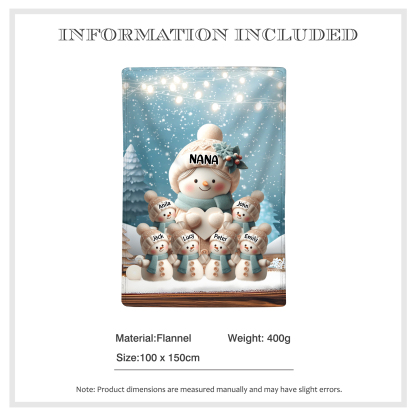 Personalised Snowman Family Blanket with Custom 7 Names – Cozy Christmas Gift for Nan | Jessmade
