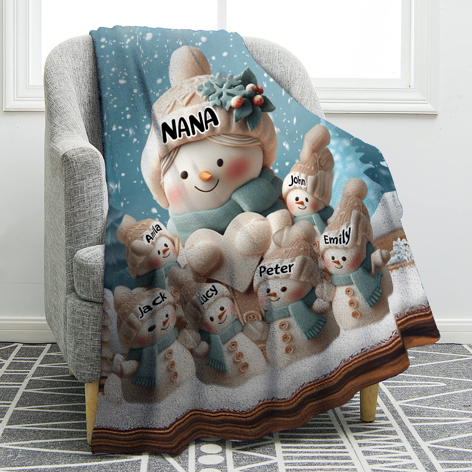 Personalised Snowman Family Blanket with Custom 7 Names – Cozy Christmas Gift for Nan | Jessmade