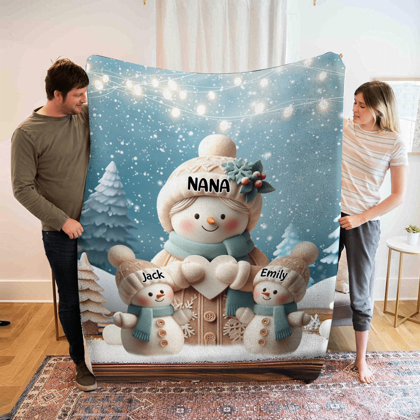 Personalised Snowman Family Blanket with Custom 3 Names – Cozy Christmas Gift for Nan | Jessmade
