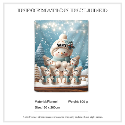 Personalised Snowman Family Blanket with Custom 7 Names – Cozy Christmas Gift for Nan | Jessmade