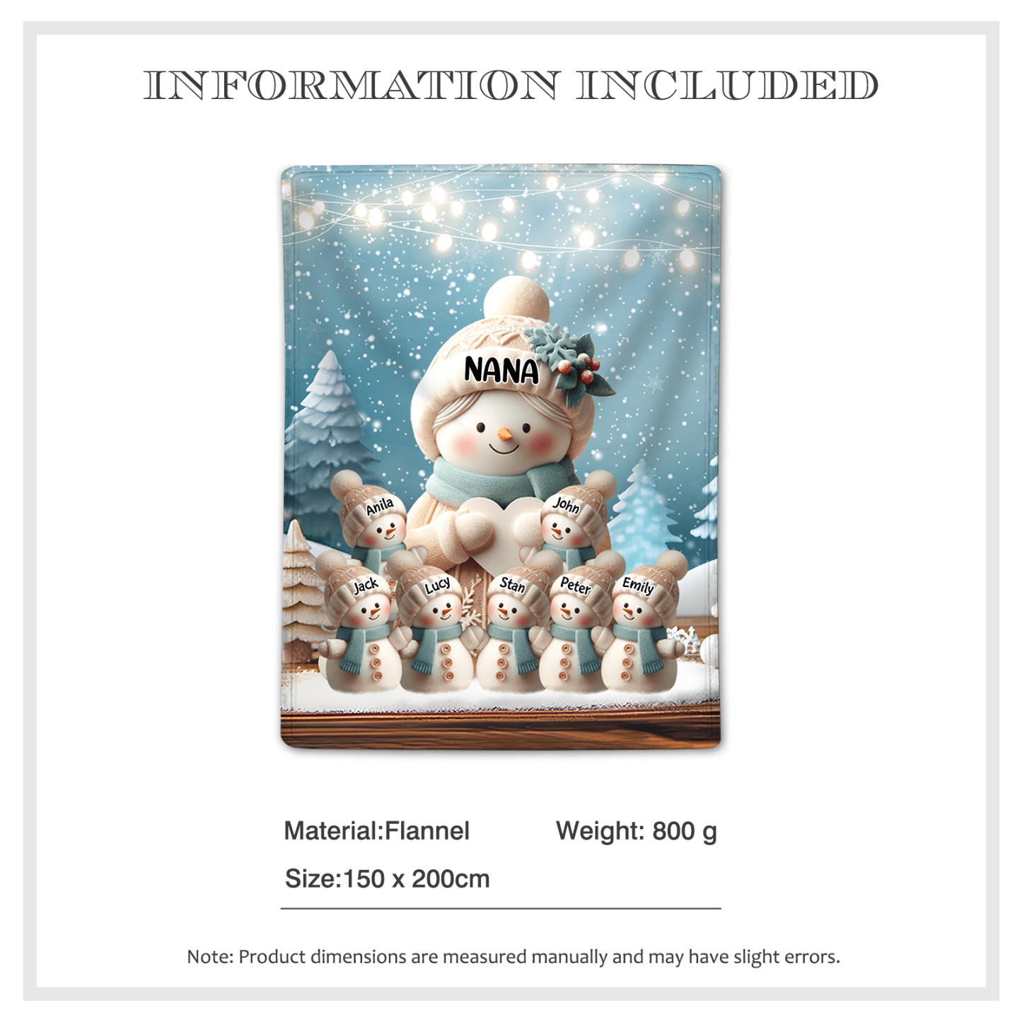 Personalised Snowman Family Blanket with Custom 8 Names – Cozy Christmas Gift for Nan | Jessmade