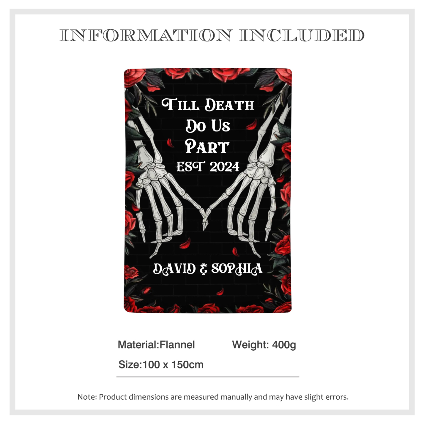 "Till Death Do Us Part' Design"-Personalised Skeleton Couple Blanket – Custom 2 Names & 1 Text Christmas Gift for Him/Her | Jessemade