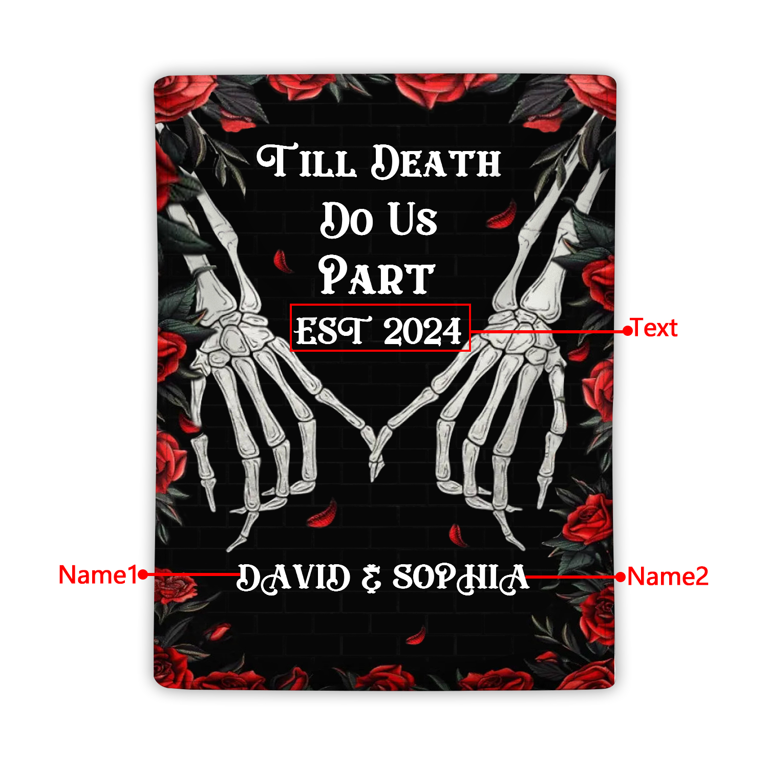 "Till Death Do Us Part' Design"-Personalised Skeleton Couple Blanket – Custom 2 Names & 1 Text Christmas Gift for Him/Her | Jessemade