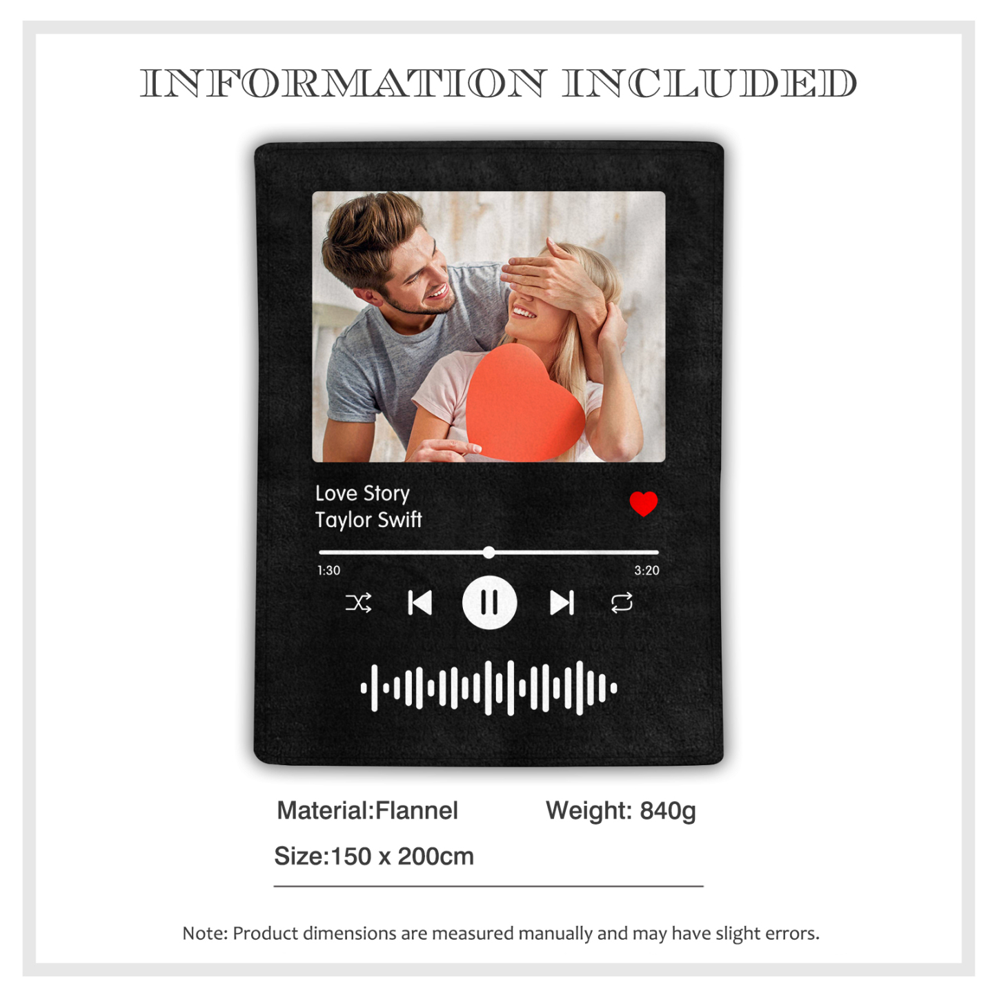 Personalised Music Blanket – Custom Photo & Text Design – "Love Story" – Valentine’s Day Gift for Him/Her | Jessemade