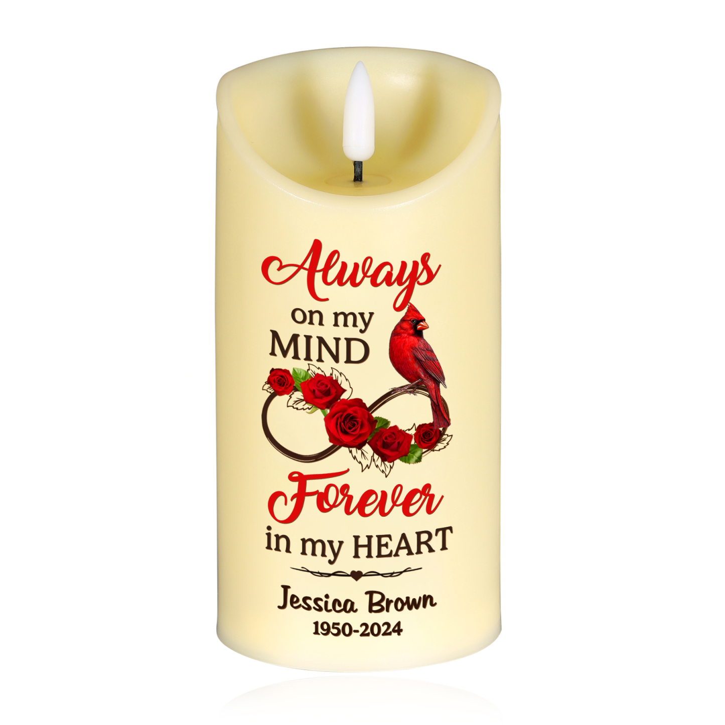 "Always on my mind" Personalised Memorial LED Candle-Custom Name & Dates Memorial Gift | Jessemade