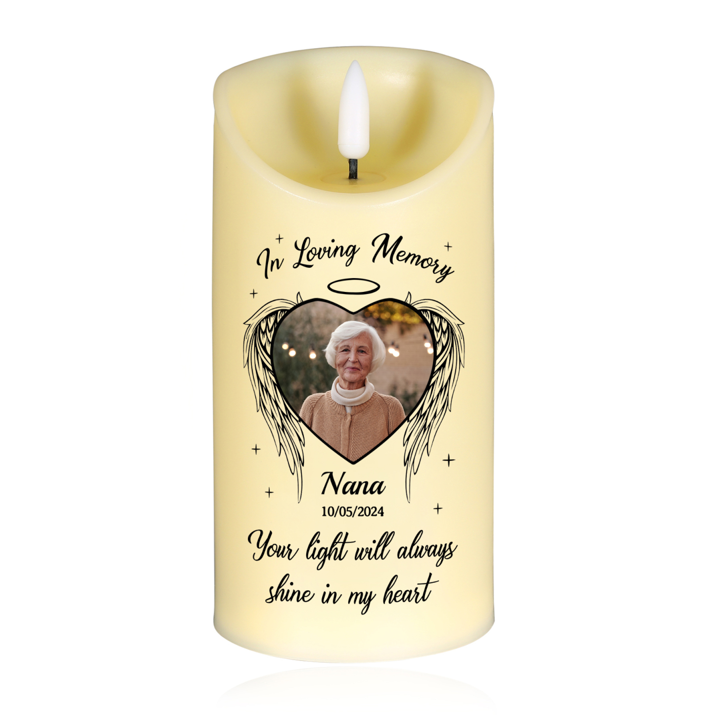 Personalized Memorial LED Angel Wings Candle - Custom Photo, Name, and Date | Jessemade