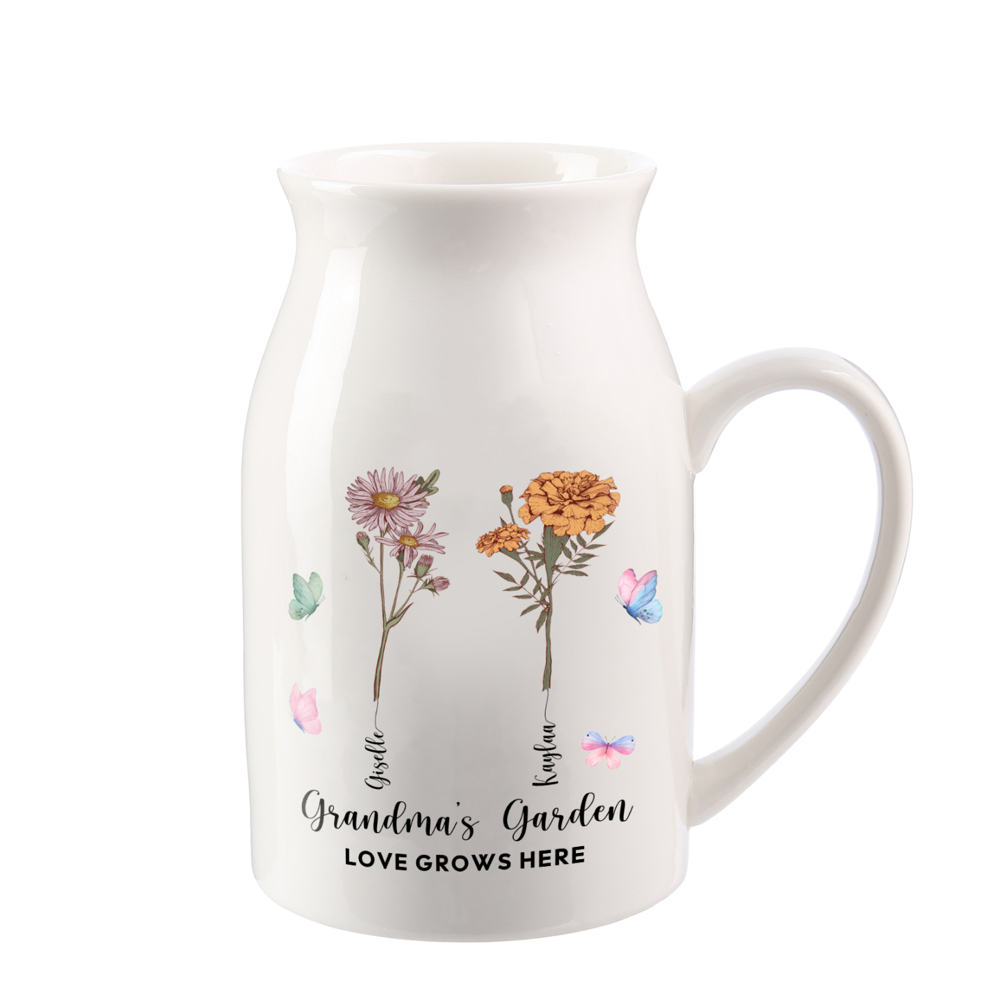 2 Names Personalized Vase with Birthday Flowers – Add 2 Names 2 Texts – Ceramic Custom Gift for Mom, Grandma, Family