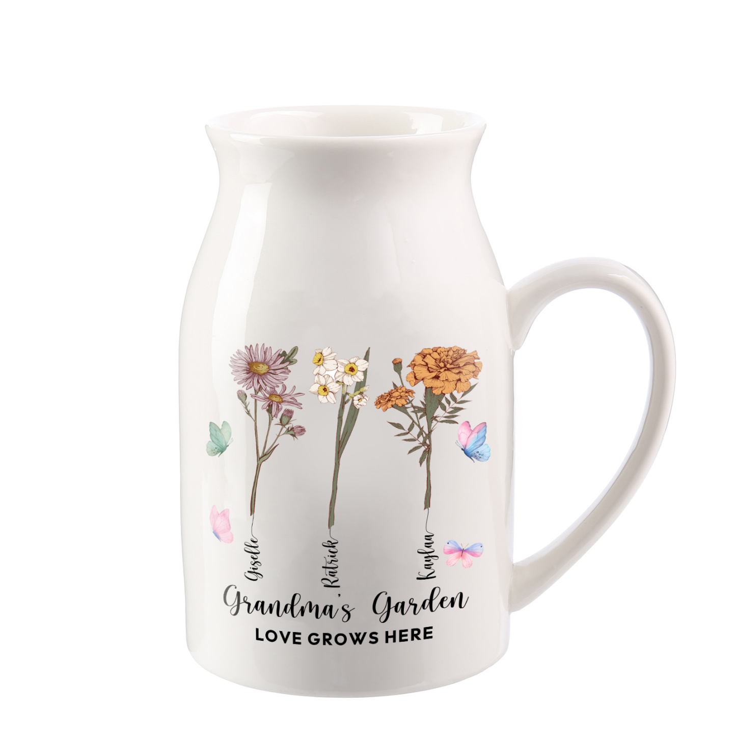 3 Names Personalized Vase with Birthday Flowers – Add 3 Names 2 Texts – Ceramic Custom Gift for Mom, Grandma, Family