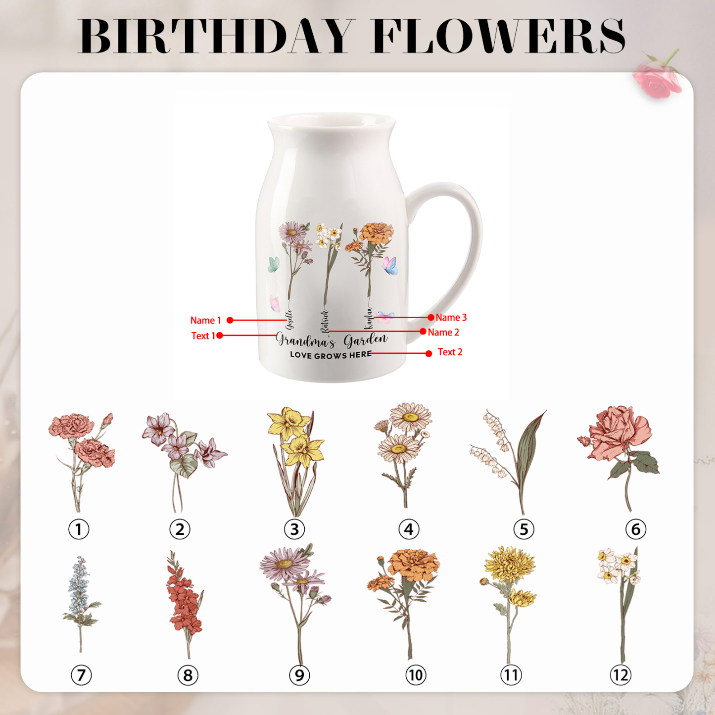 3 Names Personalized Vase with Birthday Flowers – Add 3 Names 2 Texts – Ceramic Custom Gift for Mom, Grandma, Family