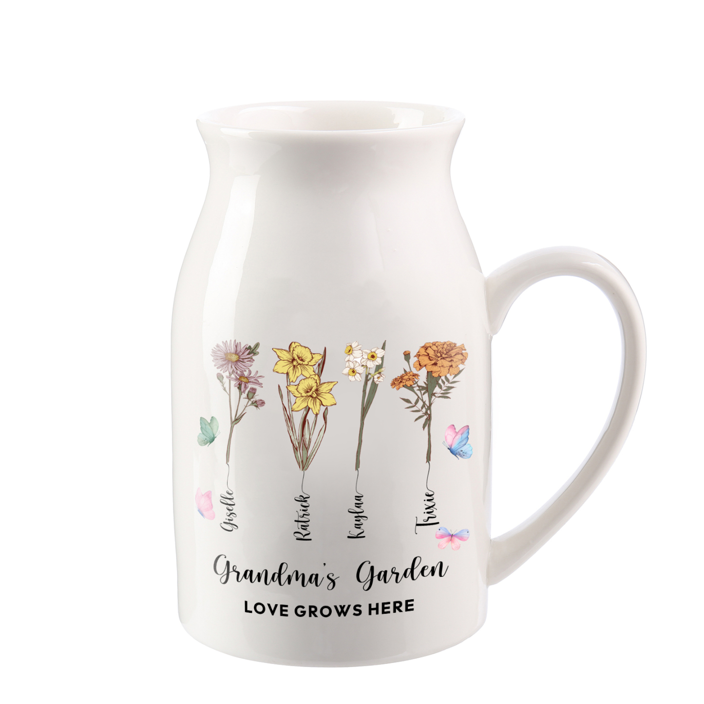 4 Names Personalized Vase with Birthday Flowers – Add 4 Names 2 Texts – Ceramic Custom Gift for Mom, Grandma, Family